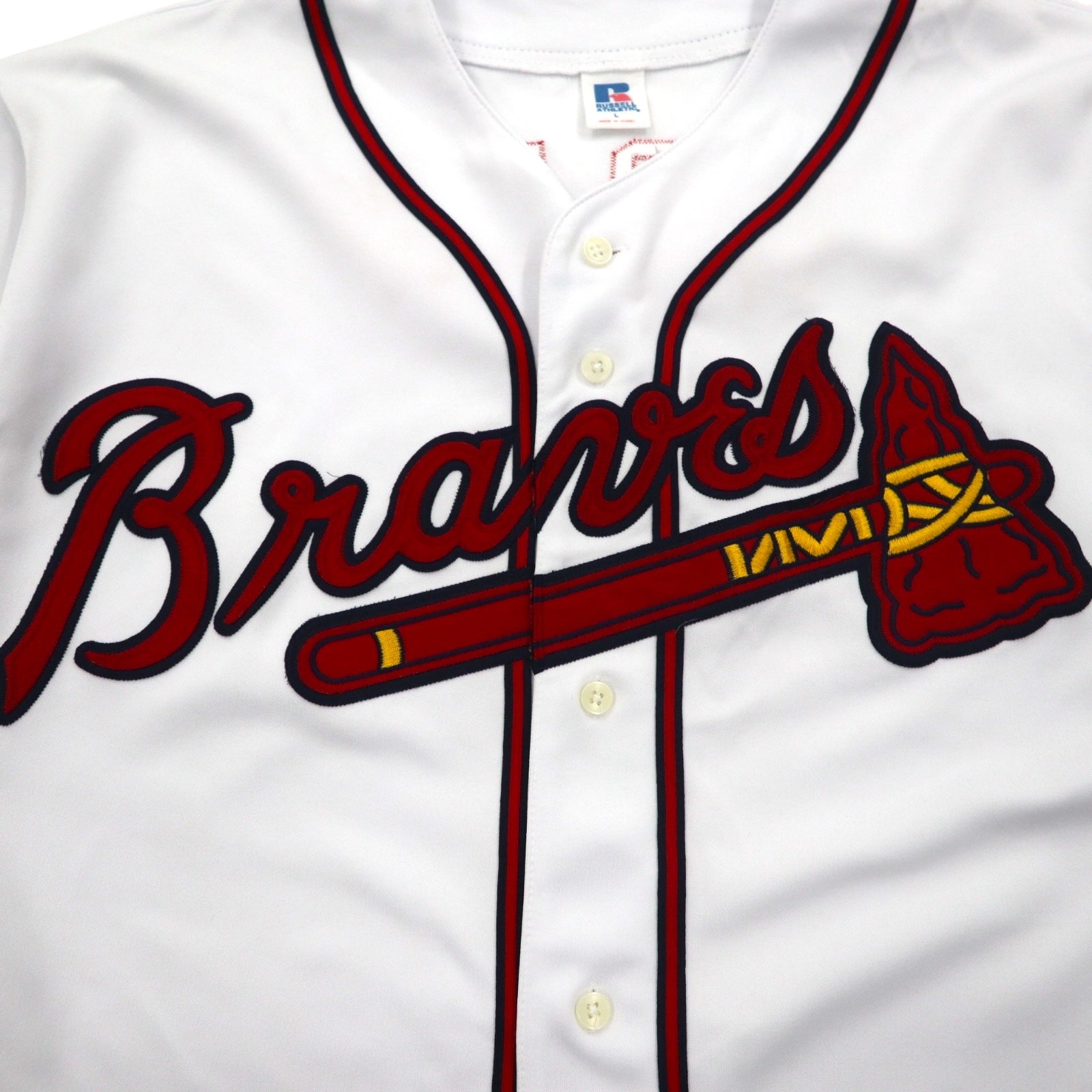 RUSSELL ATHLETICS anni '90 MLB Maglia da baseball L bianca Poliestere Braves Numerazione