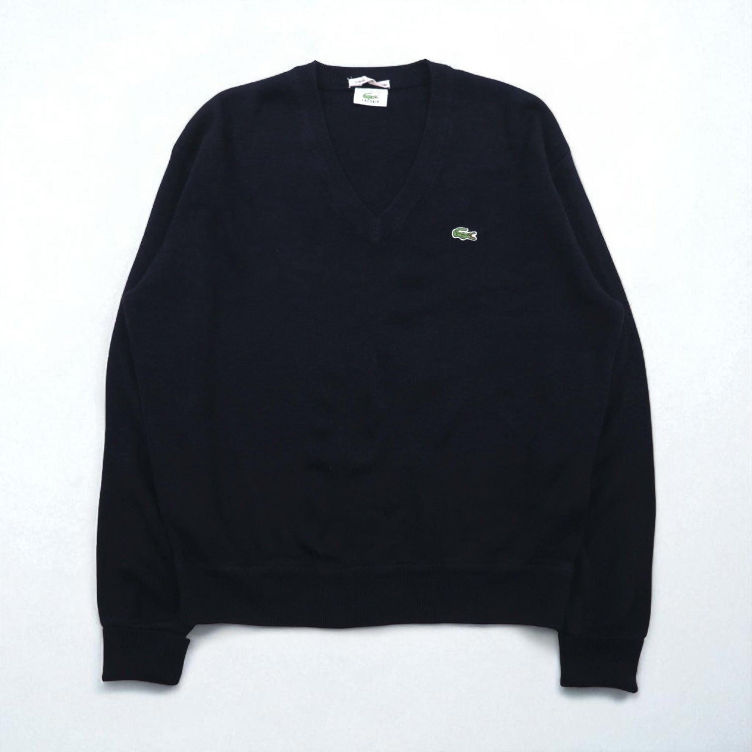 LACOSTE anni '80 Made in Spain Maglione in acrilico scollo a V L blu marino