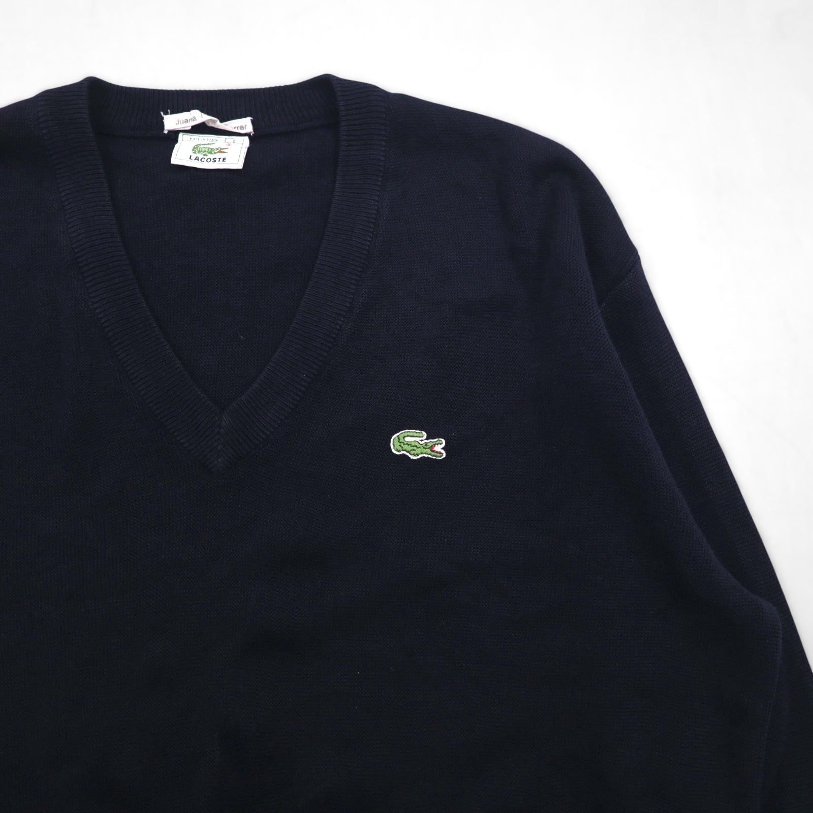 LACOSTE anni '80 Made in Spain Maglione in acrilico scollo a V L blu marino