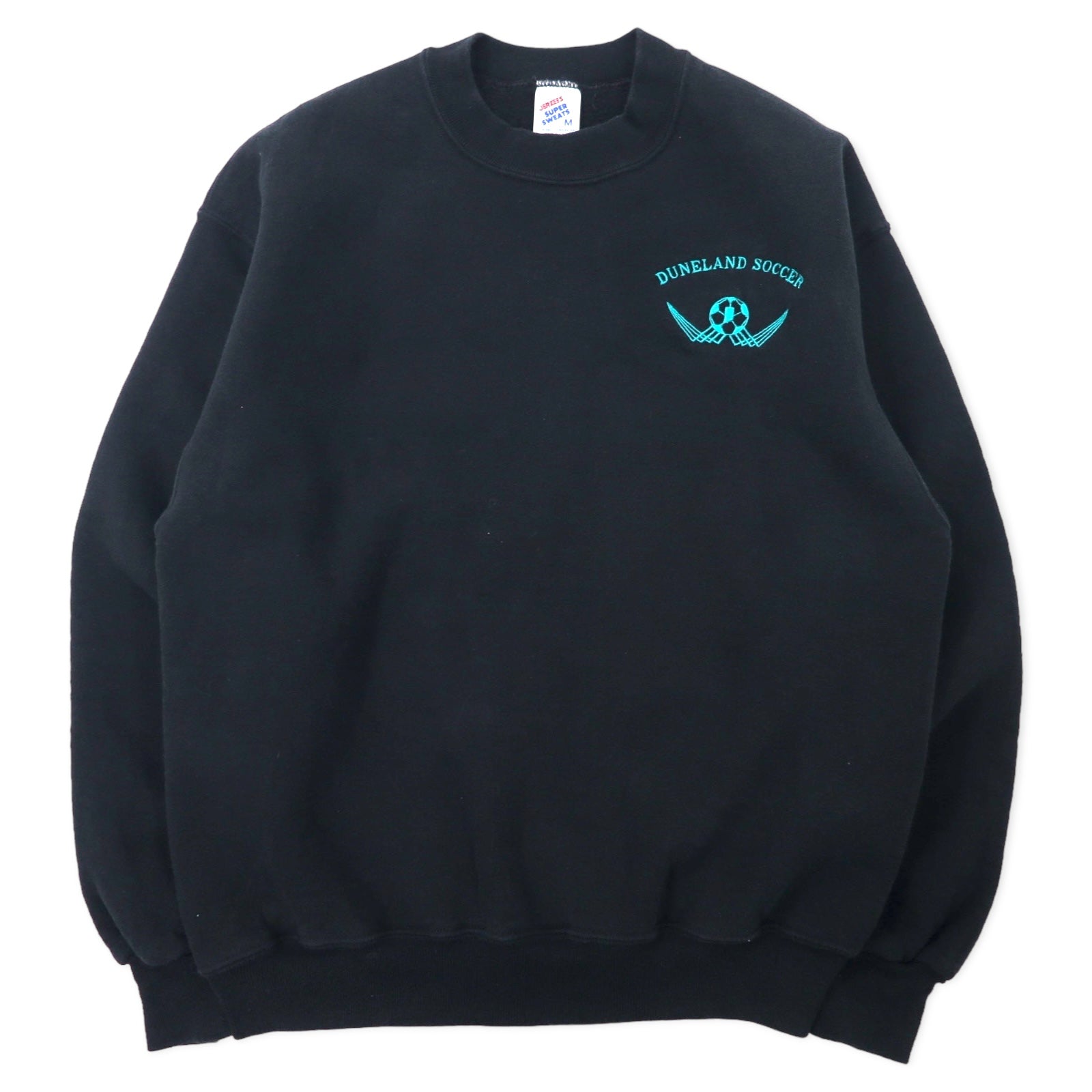 JERZEES Fabbricato negli USA Anni '90 SUPER SWEATS Felpa girocollo M Nera Cotone Felpato DUNELAND SOCCER Ricamo singolo