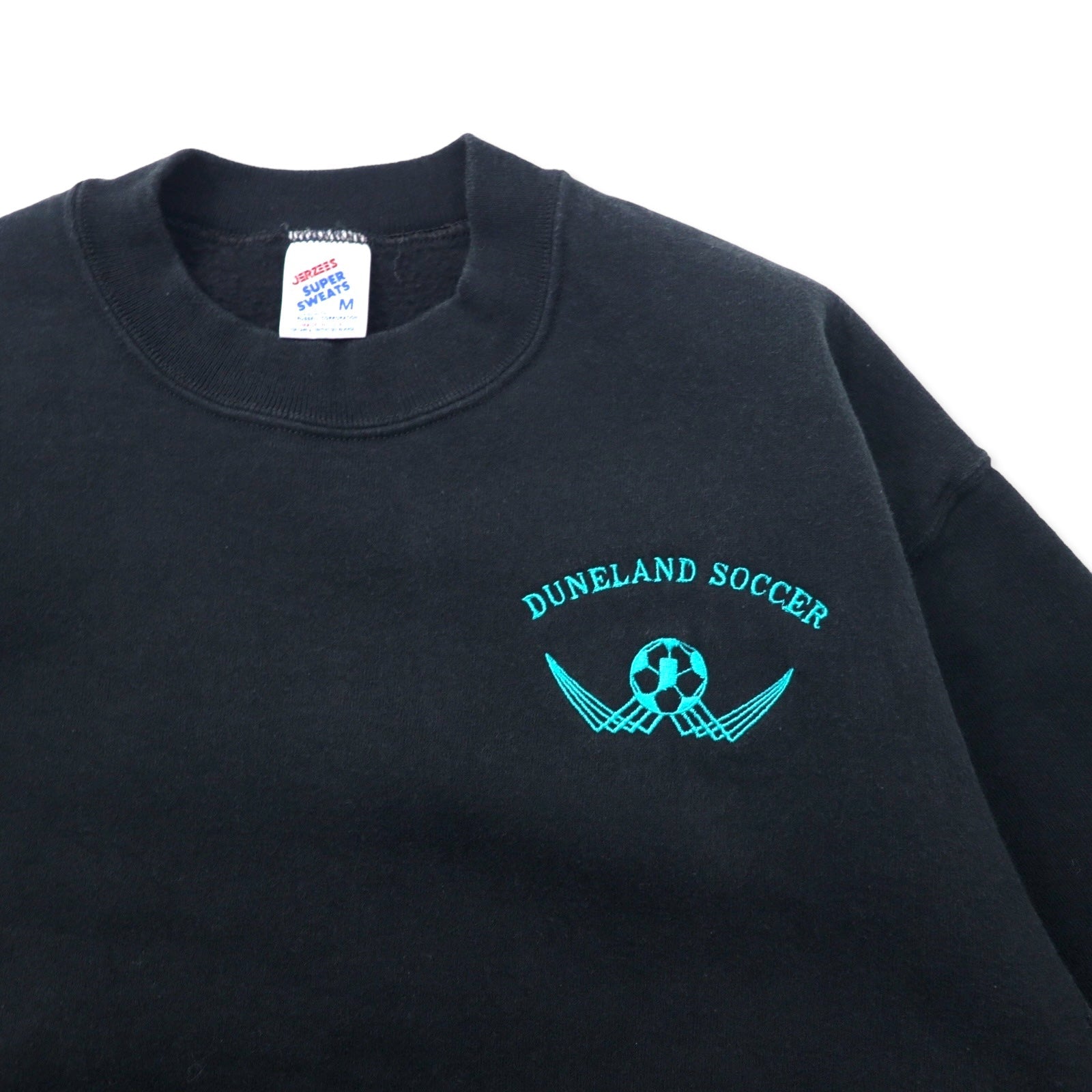 JERZEES Fabbricato negli USA Anni '90 SUPER SWEATS Felpa girocollo M Nera Cotone Felpato DUNELAND SOCCER Ricamo singolo