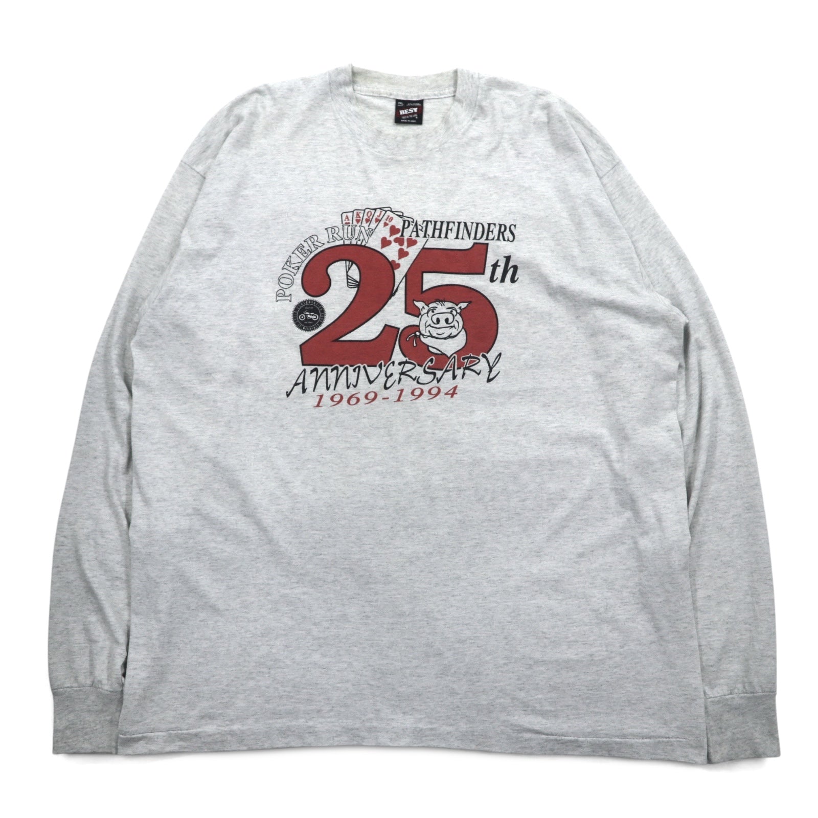 T-shirt a maniche lunghe FRUIT OF THE LOOM, anni '90, made in USA, taglia XXL, grigia, stampa "PORKER RUN", oversize