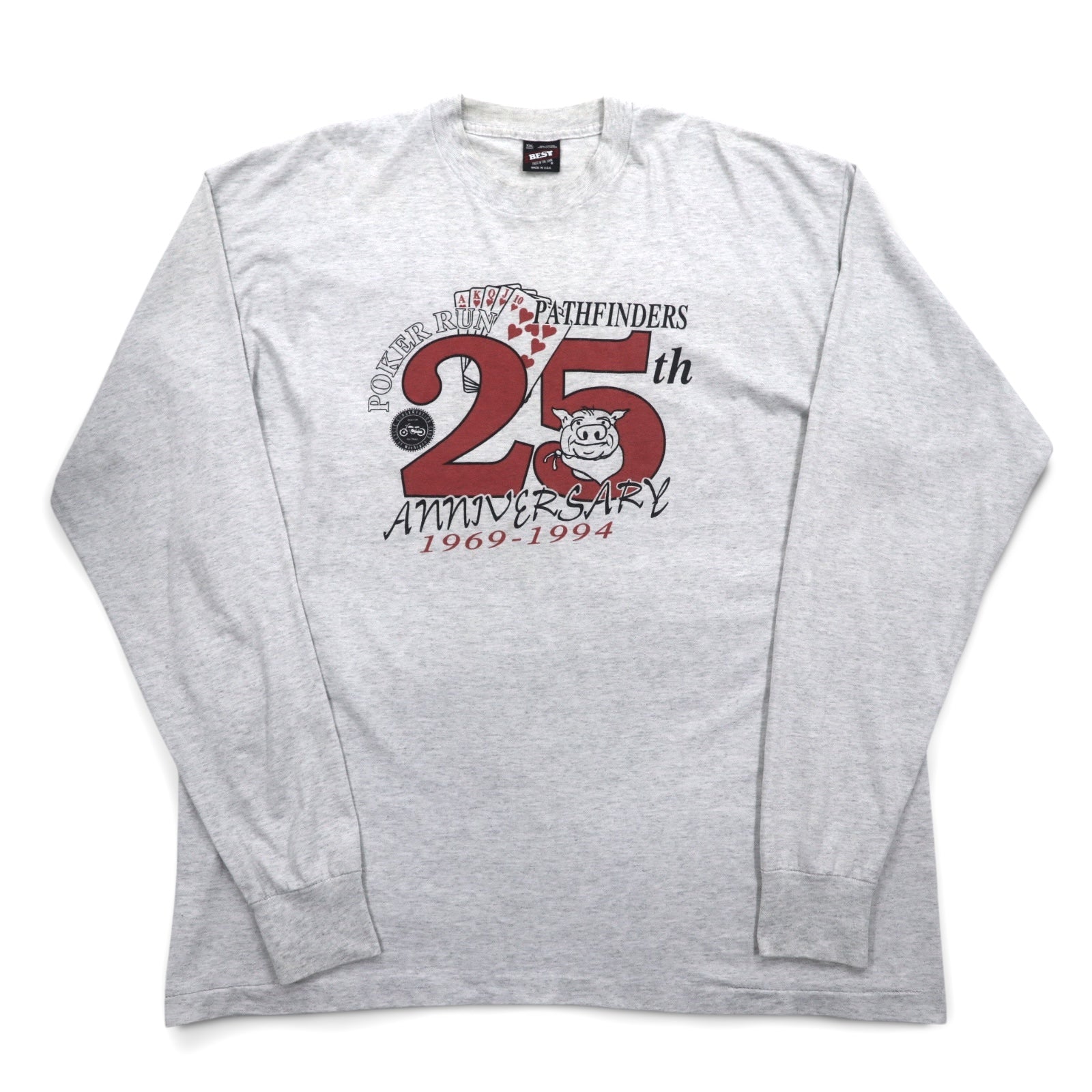 T-shirt a maniche lunghe FRUIT OF THE LOOM, anni '90, made in USA, taglia XXL, grigia, stampa "PORKER RUN", oversize