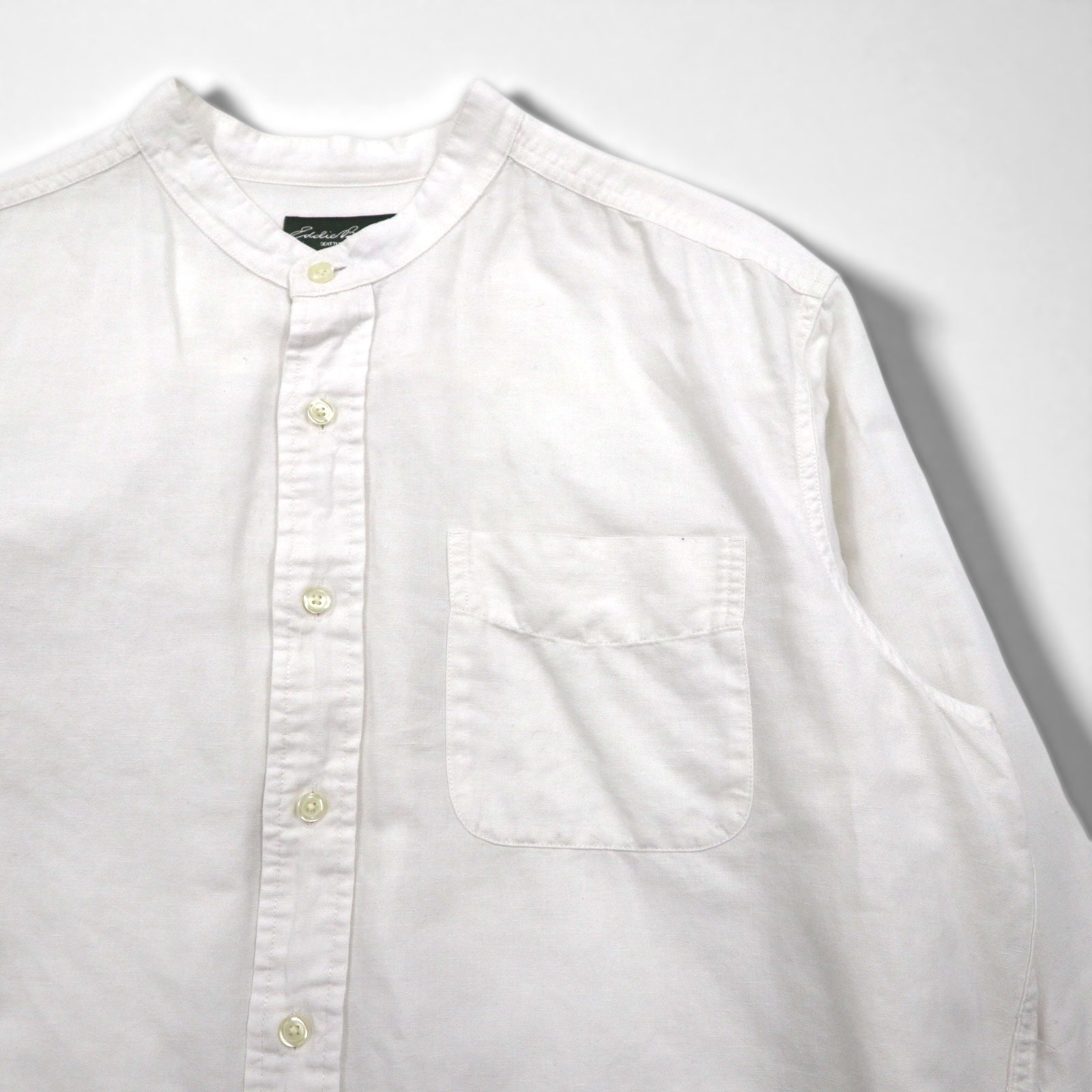Camicia con collo alla coreana in lino Eddie Bauer L bianca lino cotone tasca sul petto taglia grande
