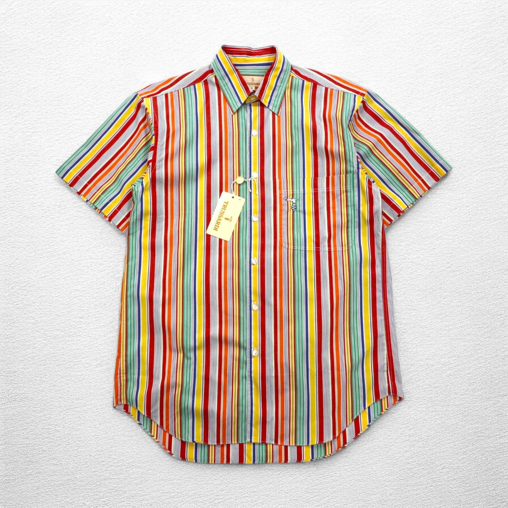 TRUSSARDI 半袖 マルチストライプシャツ M ワンポイントロゴ刺繍 日本製 未使用品