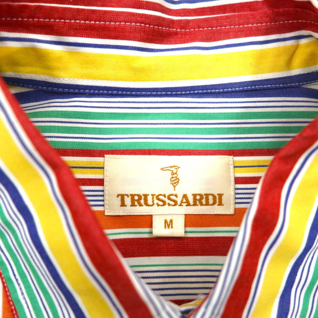 TRUSSARDI 半袖 マルチストライプシャツ M ワンポイントロゴ刺繍 日本製 未使用品