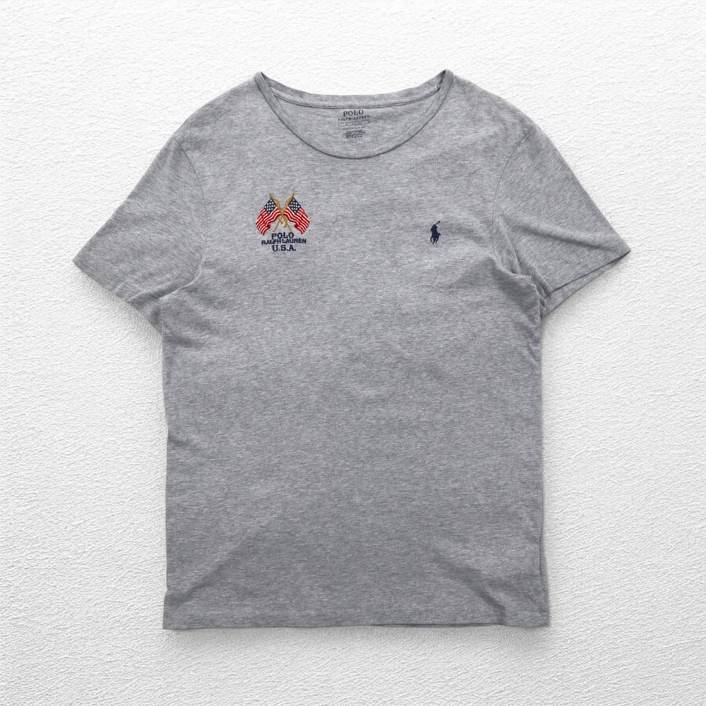 POLO RALPH LAUREN ロゴ刺繍Tシャツ M グレー コットン 星条旗 USA スモールポニー刺繍