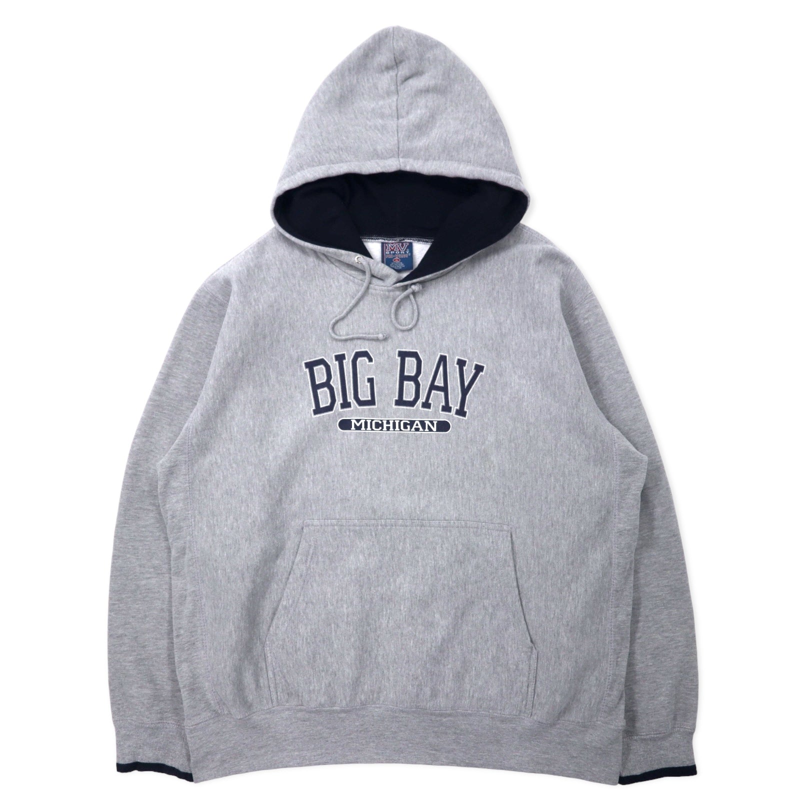 MV SPORT Anni '90 Felpa con cappuccio Reverse Weave XL Grigia Cotone Felpato Interno "Paki-men" Stampa universitaria BIG BAY MICHIGAN PRO-WEAVE Taglia Grande