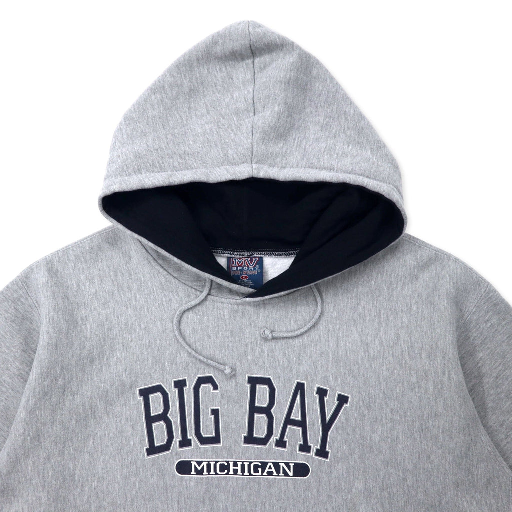 MV SPORT Anni '90 Felpa con cappuccio Reverse Weave XL Grigia Cotone Felpato Interno "Paki-men" Stampa universitaria BIG BAY MICHIGAN PRO-WEAVE Taglia Grande