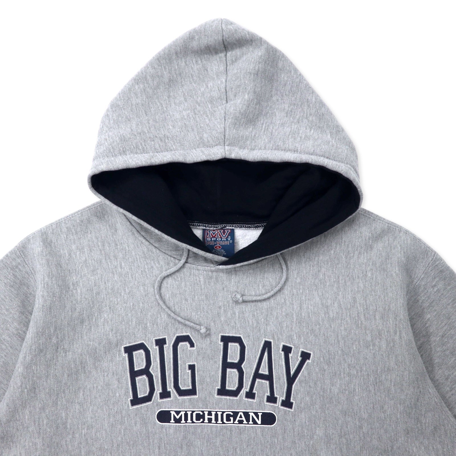 MV SPORT Anni '90 Felpa con cappuccio Reverse Weave XL Grigia Cotone Felpato Interno "Paki-men" Stampa universitaria BIG BAY MICHIGAN PRO-WEAVE Taglia Grande