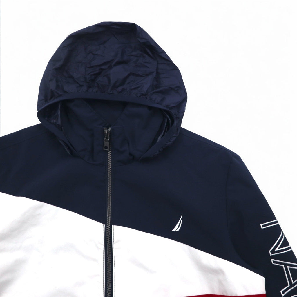 Giacca a vela NAUTICA Giacca a vento in nylon M Colori tricolore Blu navy Logo sulla manica Cappuccio ripiegabile