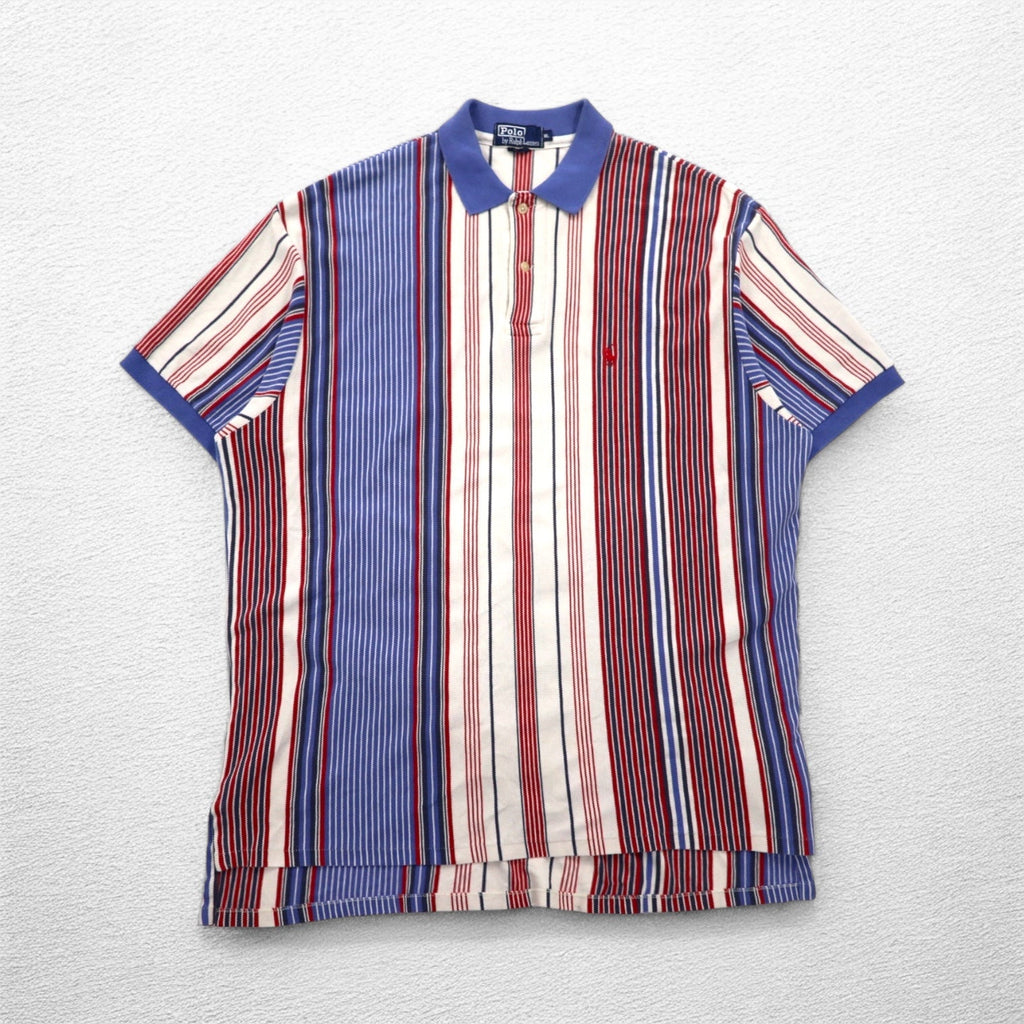 Polo Ralph Lauren Anni '90 Made in USA Multistripe Piqué Polo XL Bianco Blu Rosso Ricamo Piccolo Pony