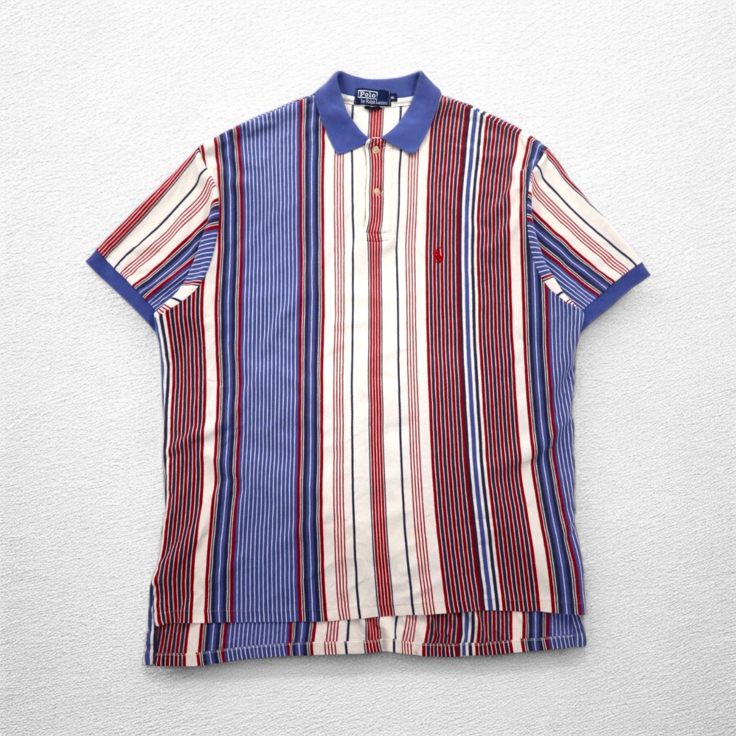 Polo Ralph Lauren Anni '90 Made in USA Multistripe Piqué Polo XL Bianco Blu Rosso Ricamo Piccolo Pony