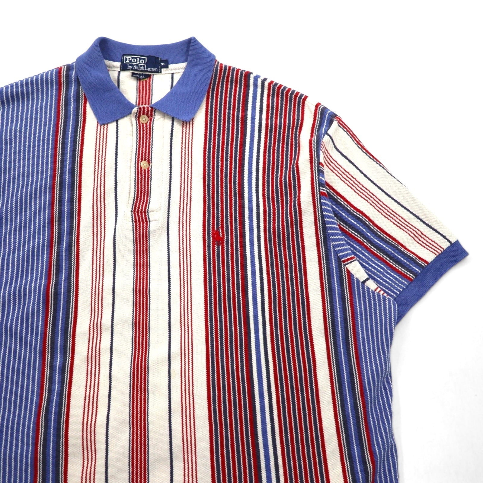Polo Ralph Lauren Anni '90 Made in USA Multistripe Piqué Polo XL Bianco Blu Rosso Ricamo Piccolo Pony