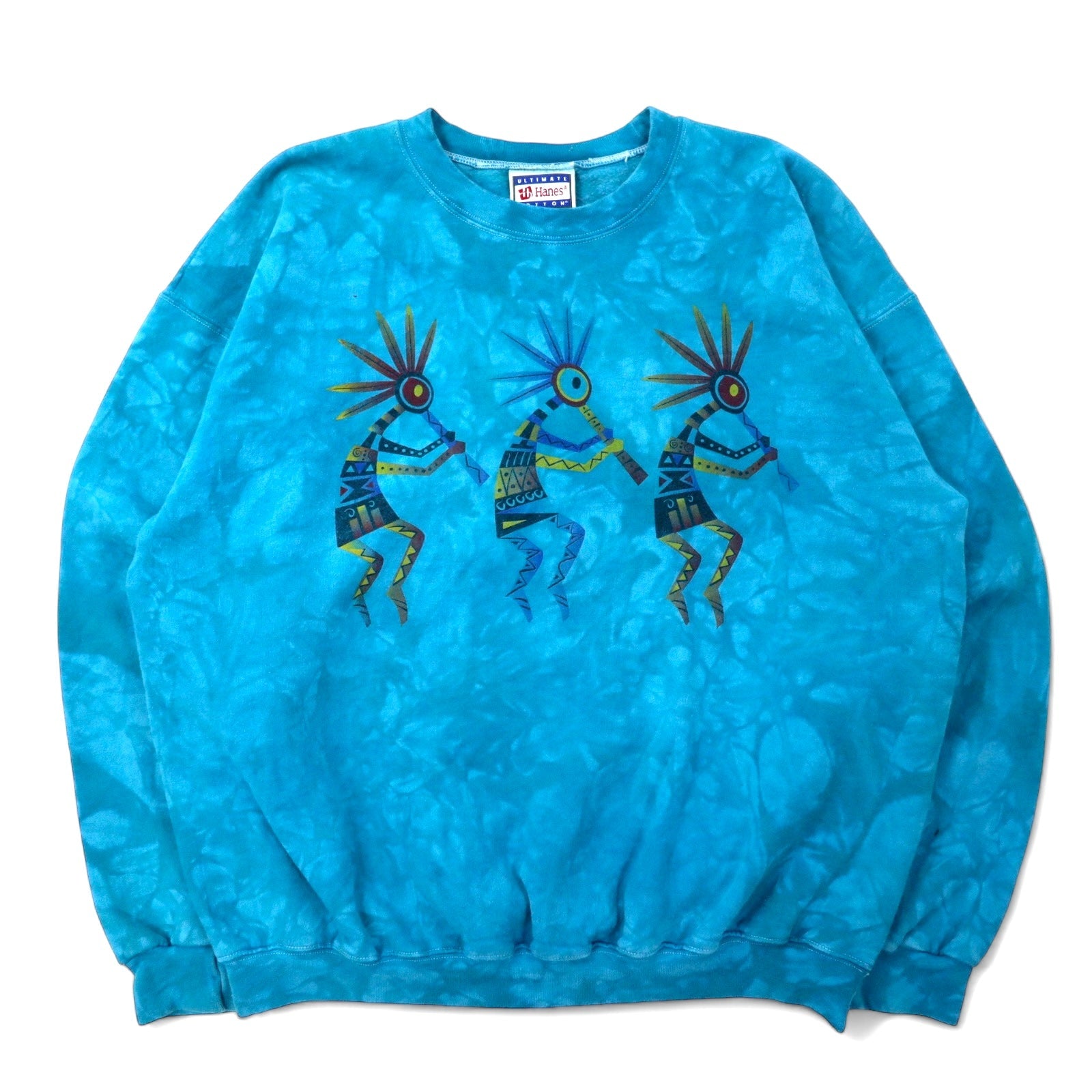 Hanes anni '90 felpa stampata indiana L blu tie-dye cotone Kokopelli