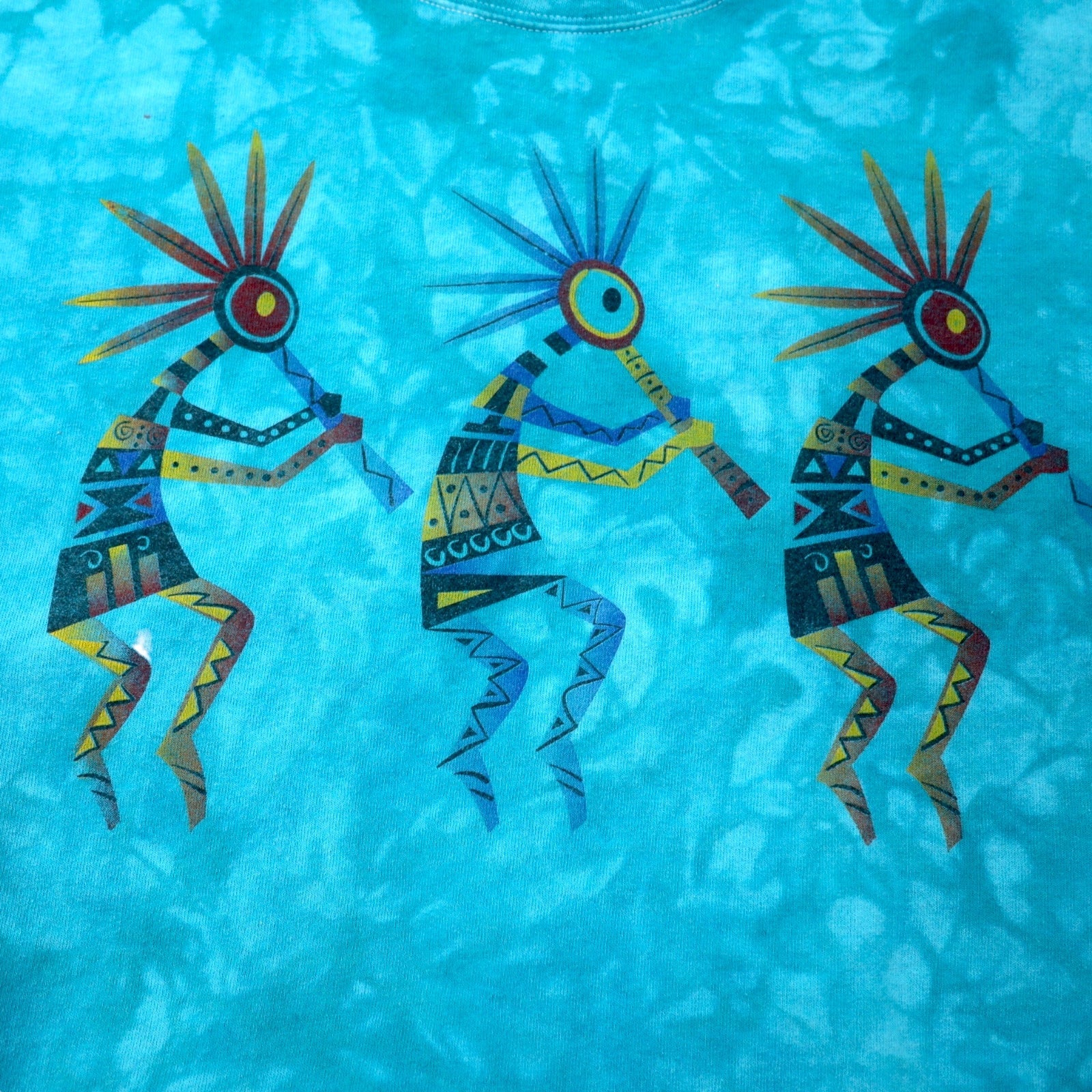 Hanes anni '90 felpa stampata indiana L blu tie-dye cotone Kokopelli