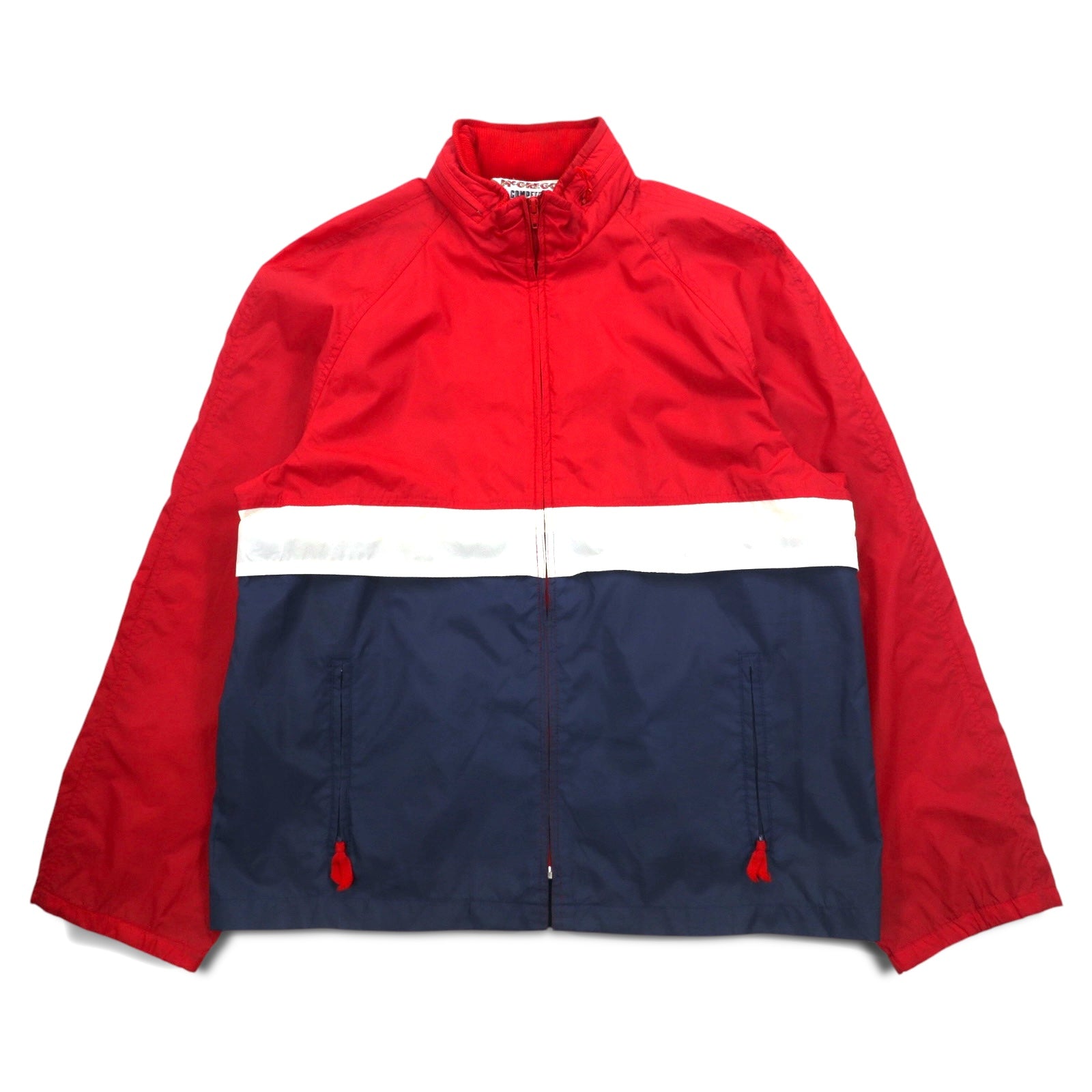 McGREGOR anni '80 COMPETITORS CLUB giacca da vela in nylon taglia L, rossa tricolore, cappuccio a scomparsa
