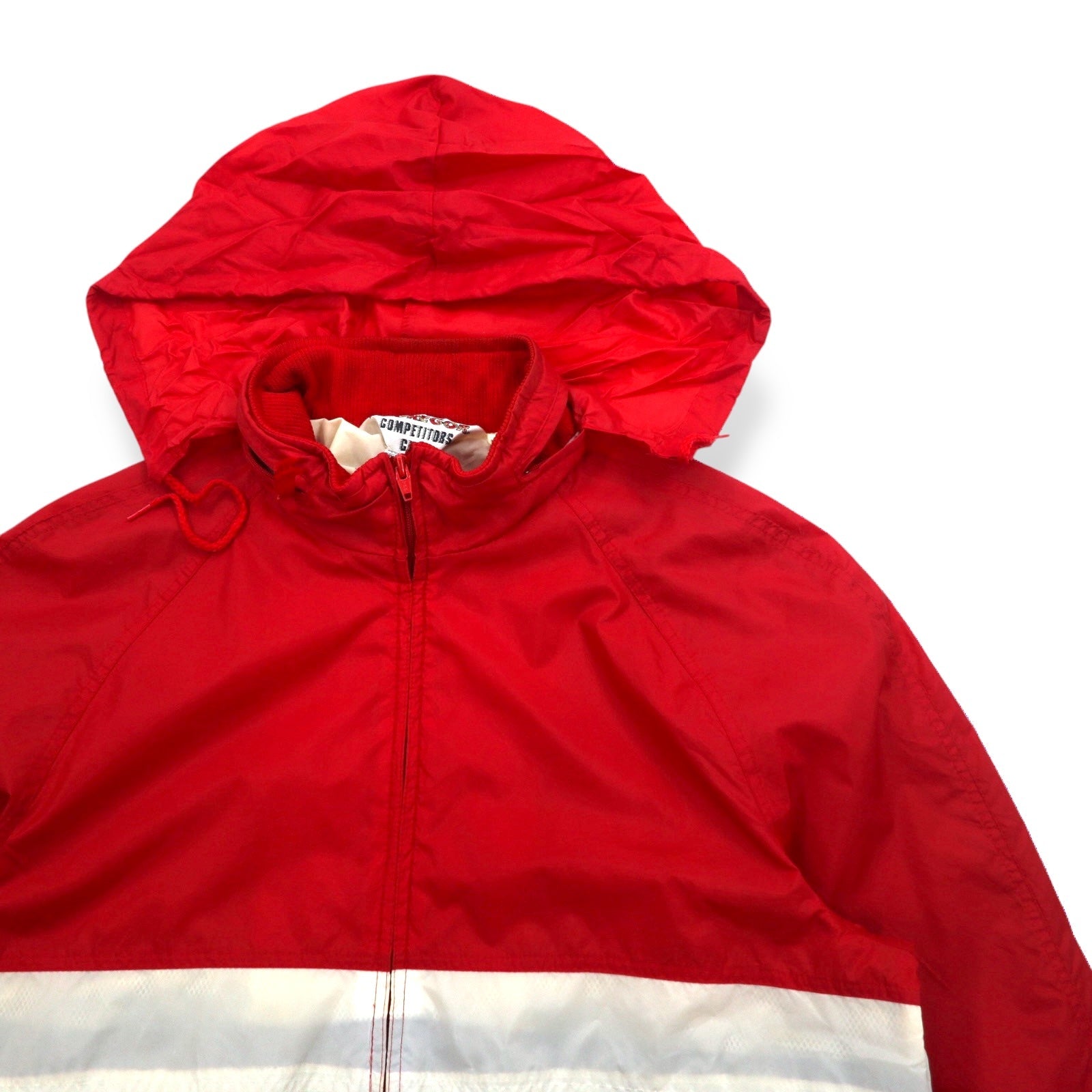 McGREGOR anni '80 COMPETITORS CLUB giacca da vela in nylon taglia L, rossa tricolore, cappuccio a scomparsa