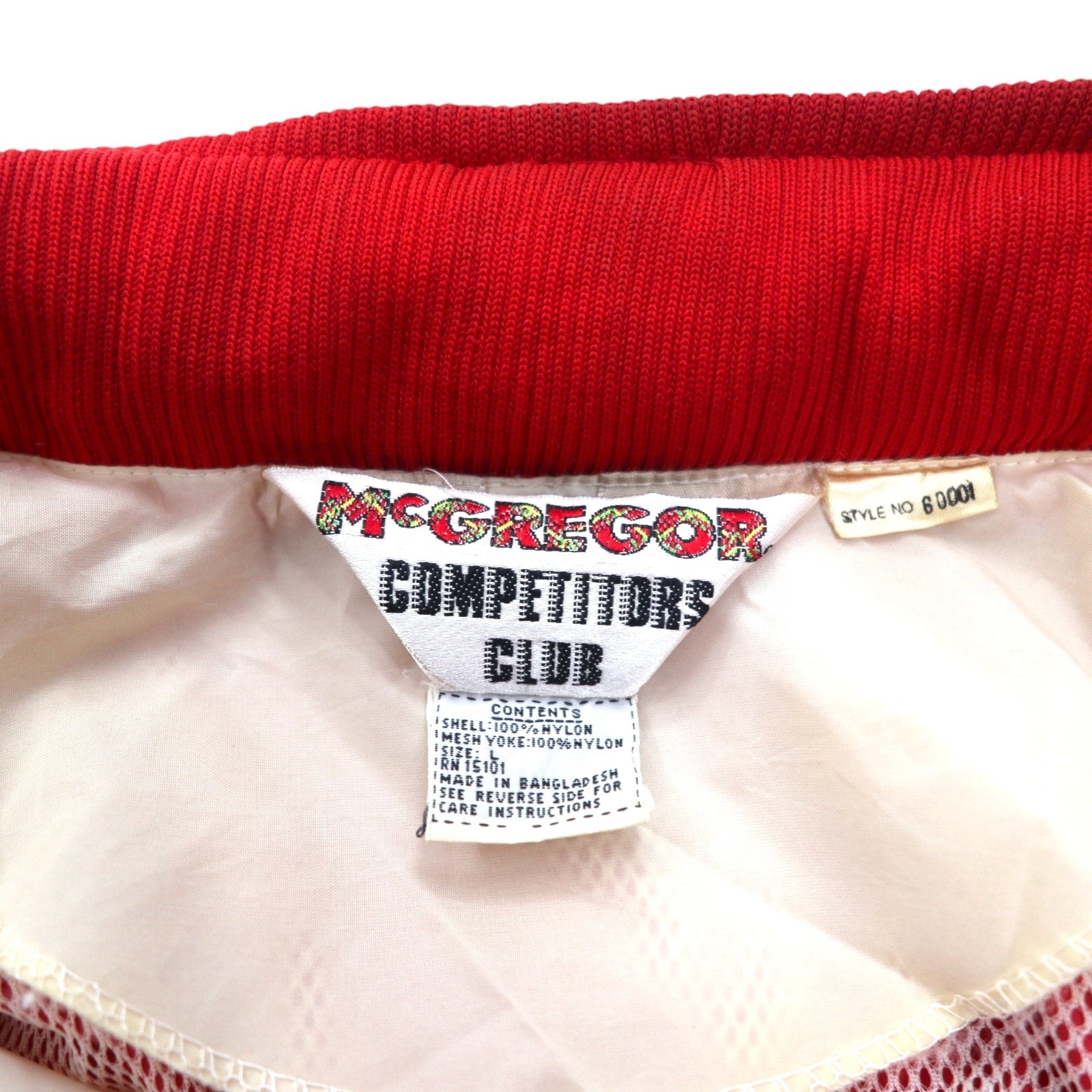 McGREGOR anni '80 COMPETITORS CLUB giacca da vela in nylon taglia L, rossa tricolore, cappuccio a scomparsa