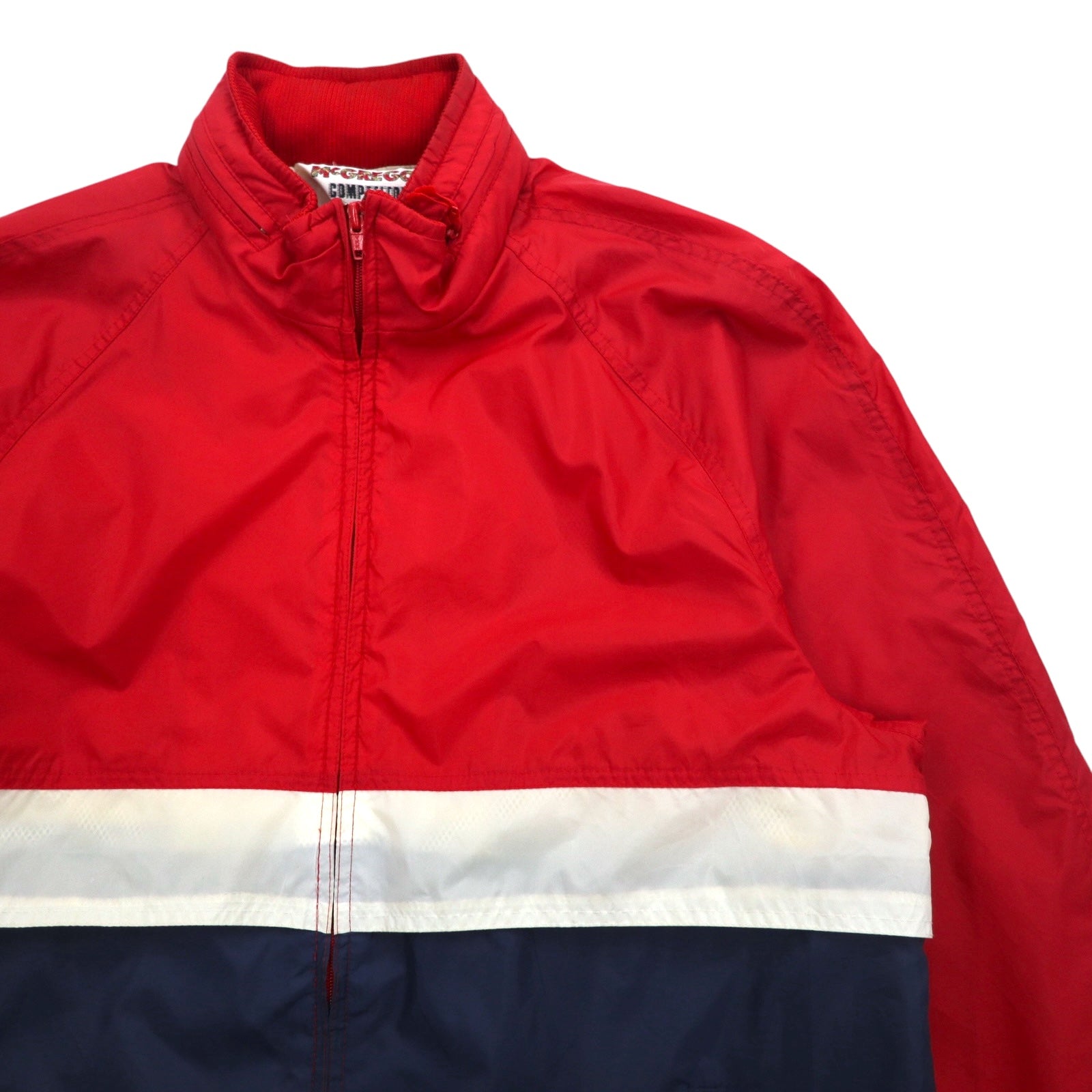 McGREGOR anni '80 COMPETITORS CLUB giacca da vela in nylon taglia L, rossa tricolore, cappuccio a scomparsa