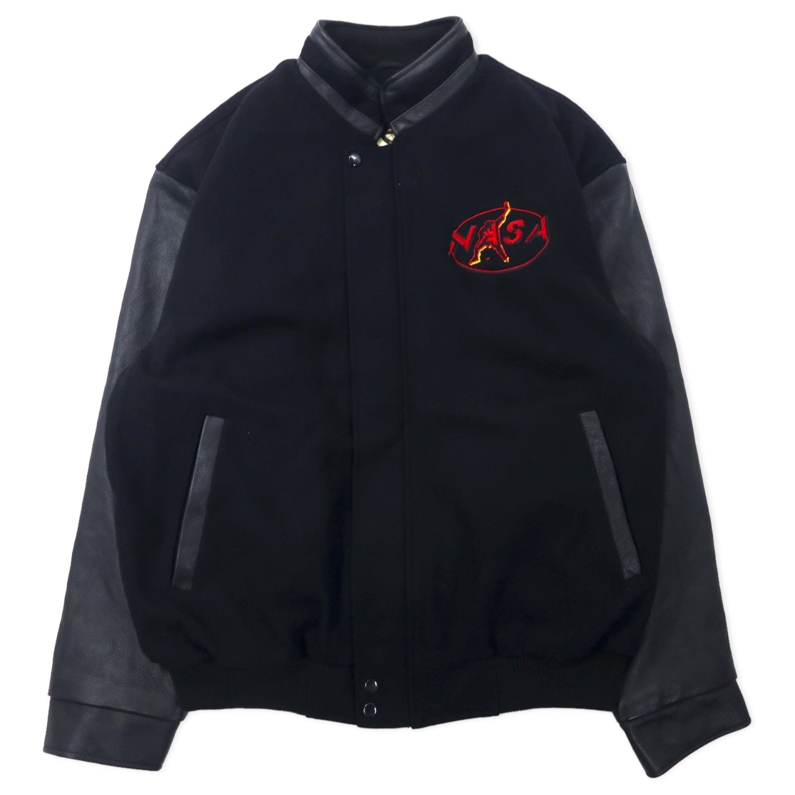 NORTH END Made in Canada Anni '90 Giacca College con Maniche in Pelle XL Nera Lana Ricamo NASA