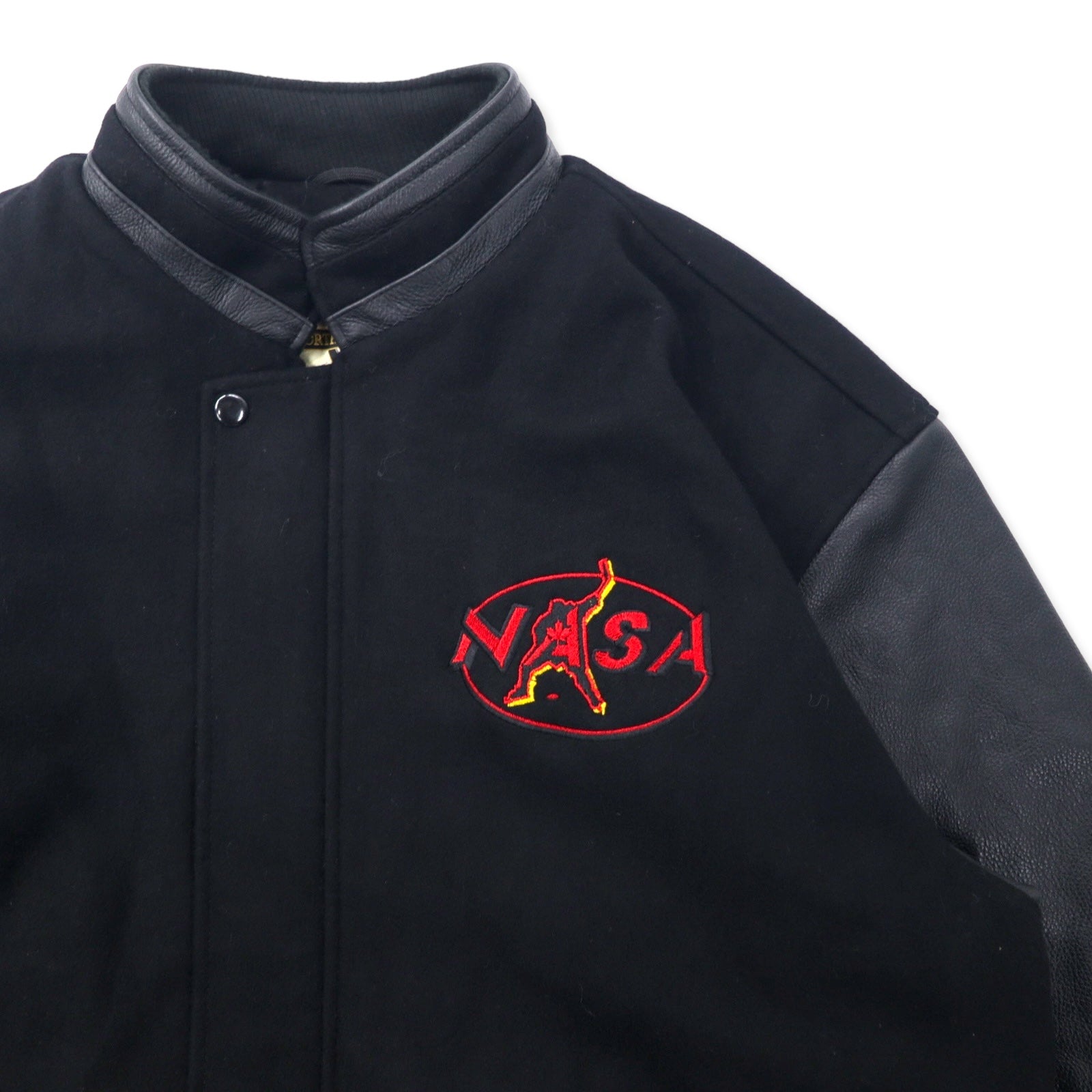 NORTH END Made in Canada Anni '90 Giacca College con Maniche in Pelle XL Nera Lana Ricamo NASA