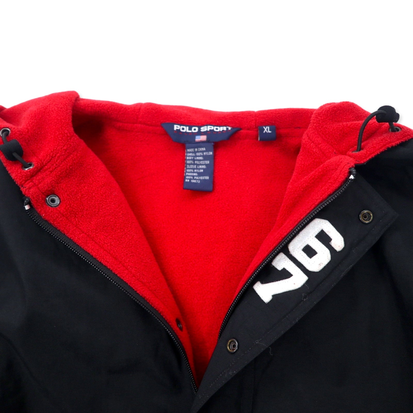 POLO SPORT RALPH LAUREN Giacca a vento anni '90 con cappuccio in nylon, taglia XL, nera, fodera in pile, logo stampato sul retro, coulisse
