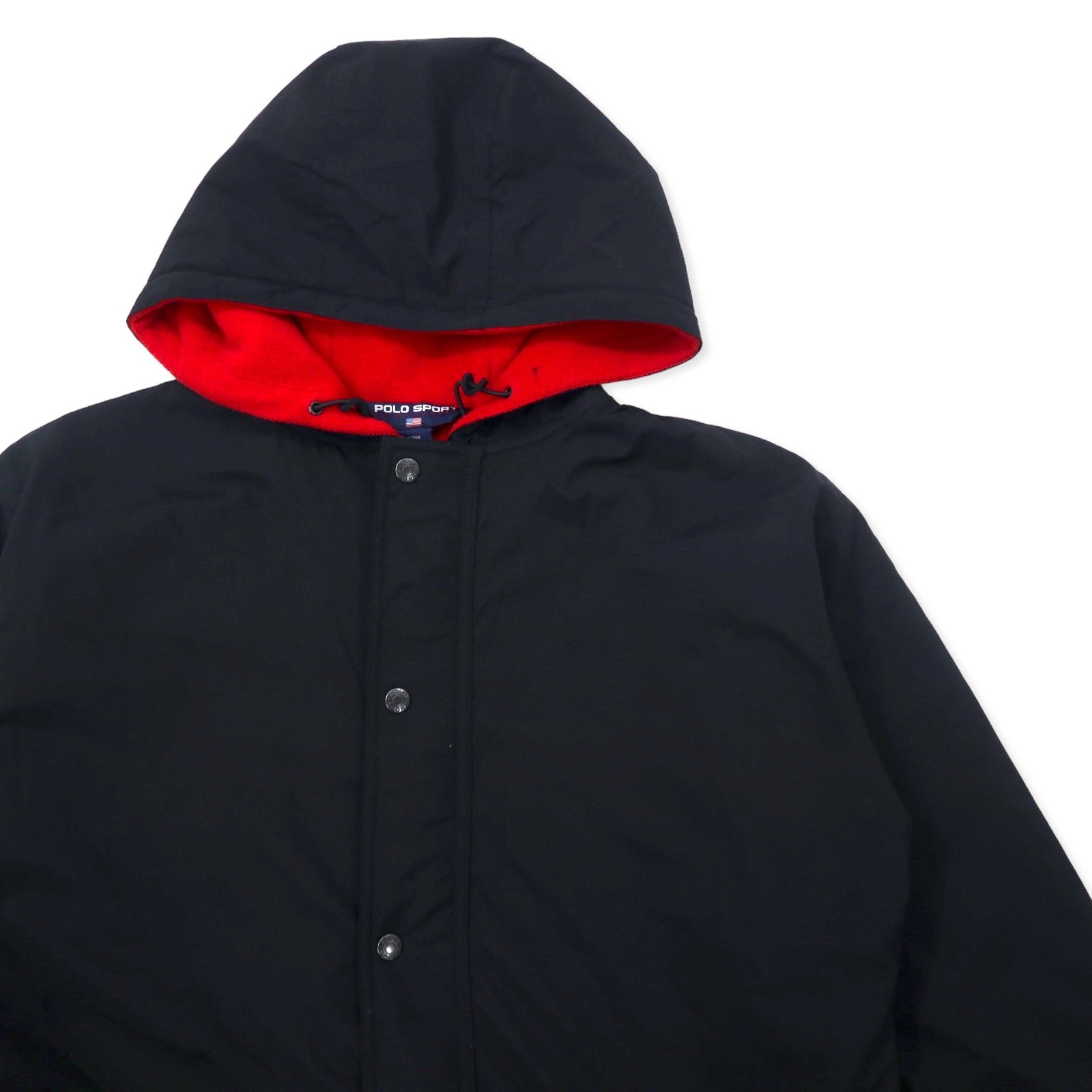 POLO SPORT RALPH LAUREN Giacca a vento anni '90 con cappuccio in nylon, taglia XL, nera, fodera in pile, logo stampato sul retro, coulisse