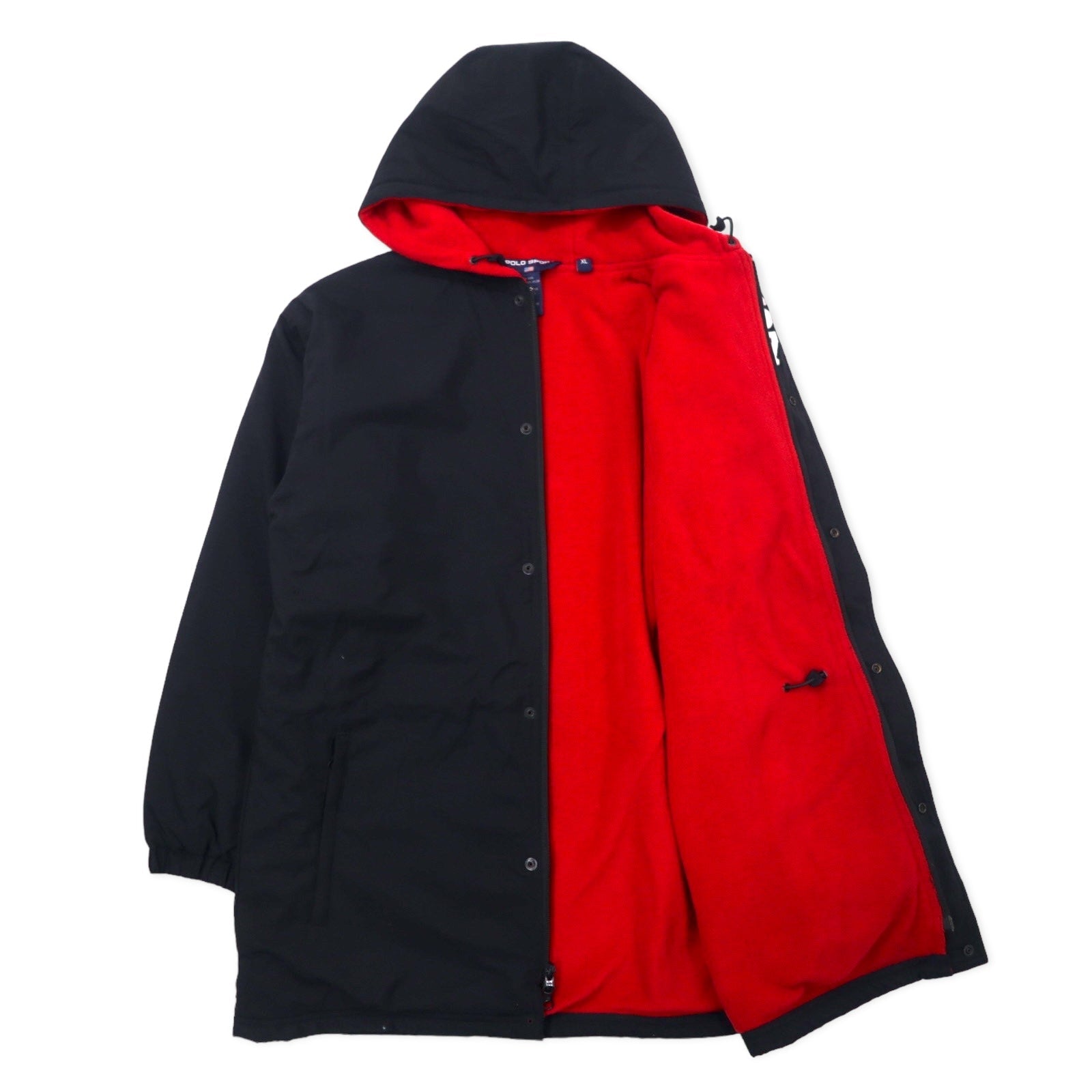 POLO SPORT RALPH LAUREN Giacca a vento anni '90 con cappuccio in nylon, taglia XL, nera, fodera in pile, logo stampato sul retro, coulisse
