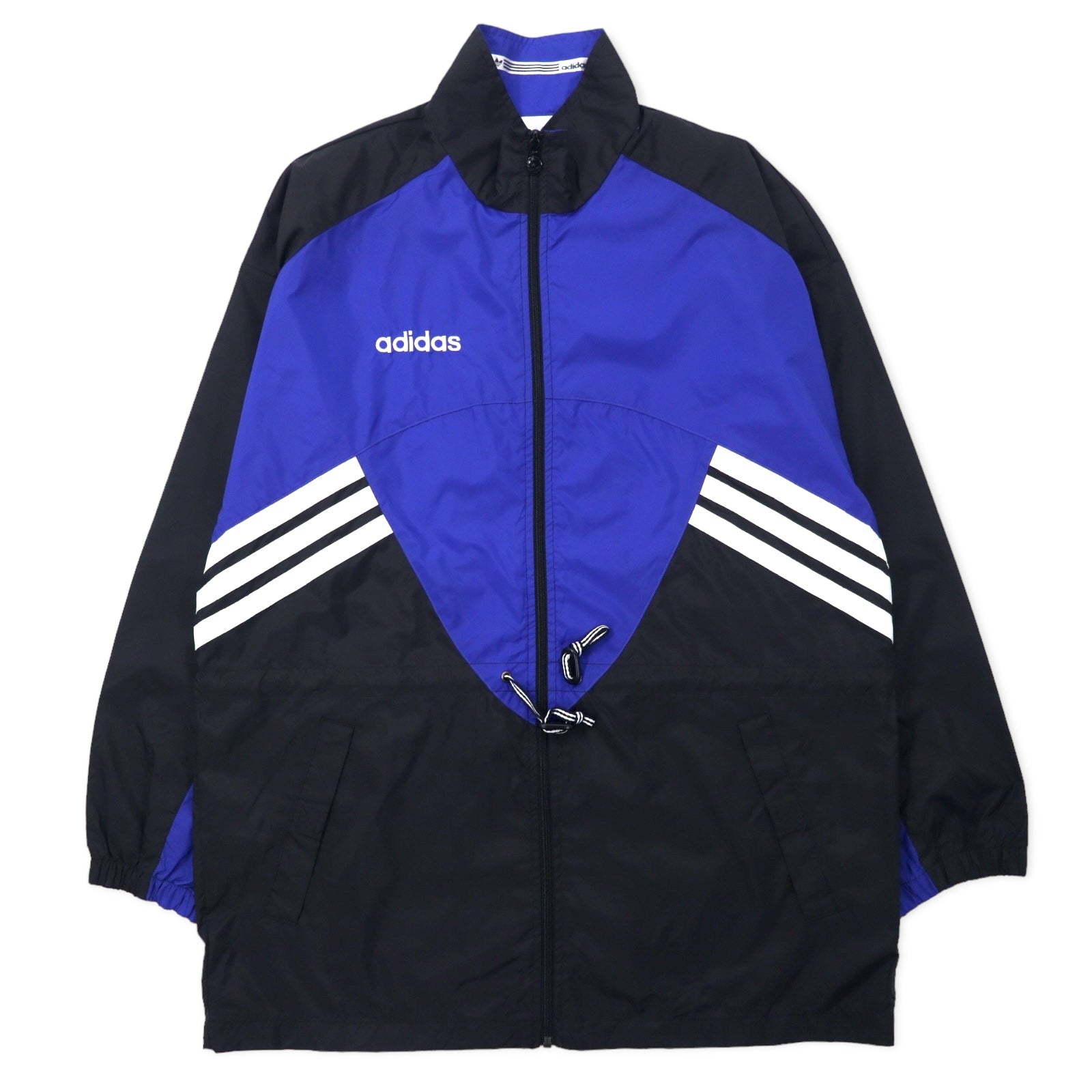 Giacca a vento Adidas anni '90, nylon, blu, nero, coulisse, etichetta argento, logo Trifoglio, oversize