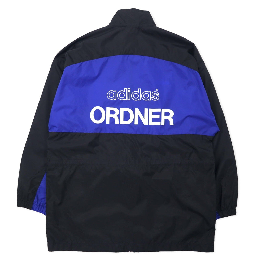 Giacca a vento Adidas anni '90, nylon, blu, nero, coulisse, etichetta argento, logo Trifoglio, oversize