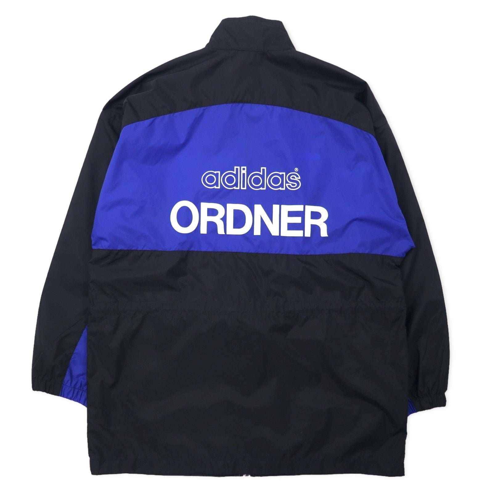 Giacca a vento Adidas anni '90, nylon, blu, nero, coulisse, etichetta argento, logo Trifoglio, oversize