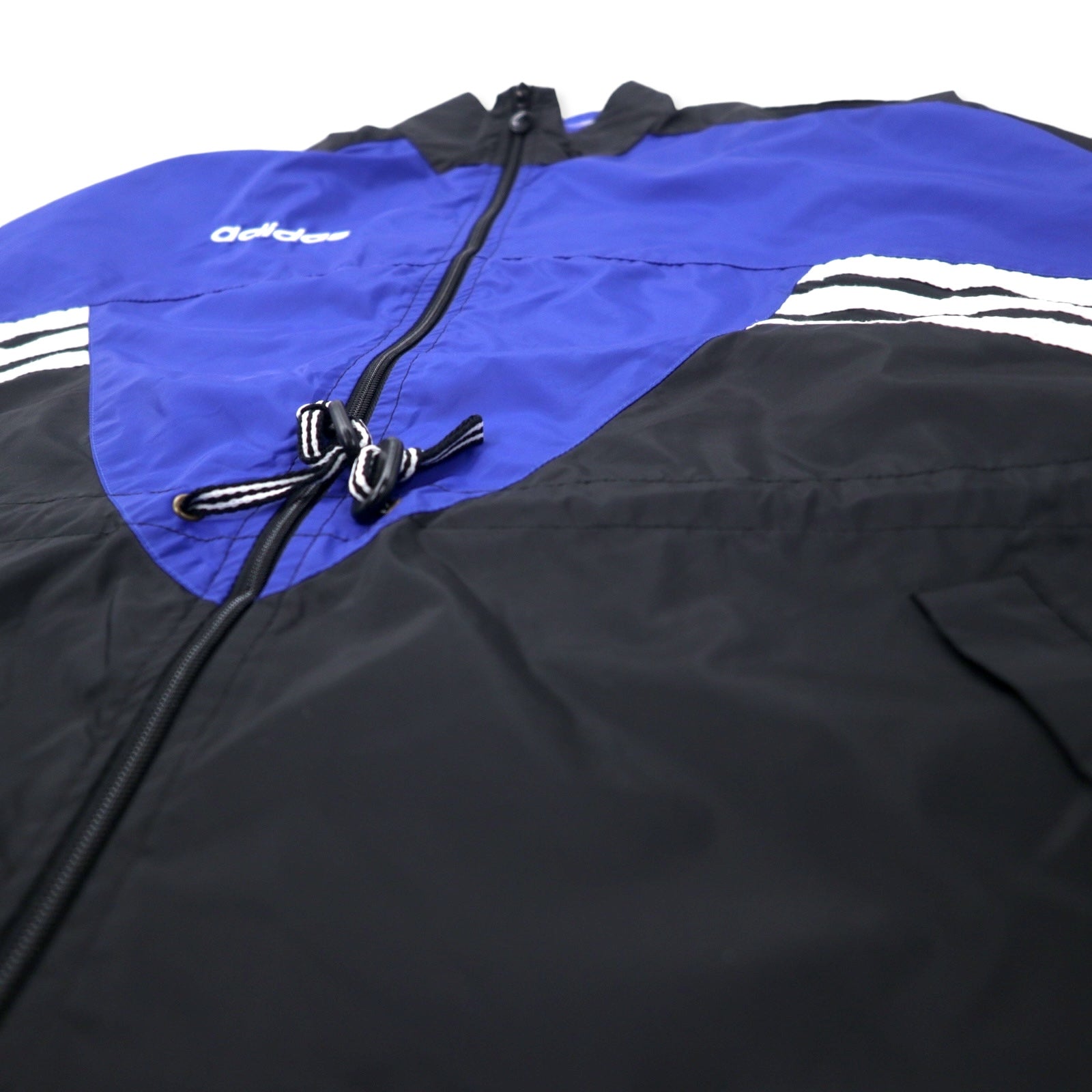 Giacca a vento Adidas anni '90, nylon, blu, nero, coulisse, etichetta argento, logo Trifoglio, oversize