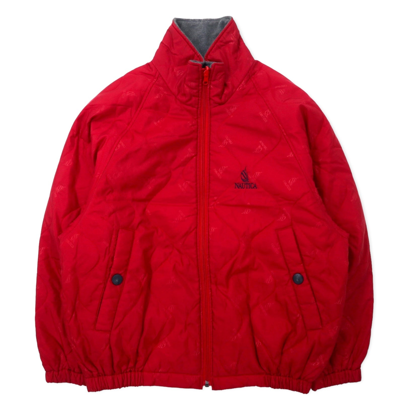 Giacca isolante nautica anni '90, taglia M, rossa, in nylon, imbottita, fantasia all-over con logo