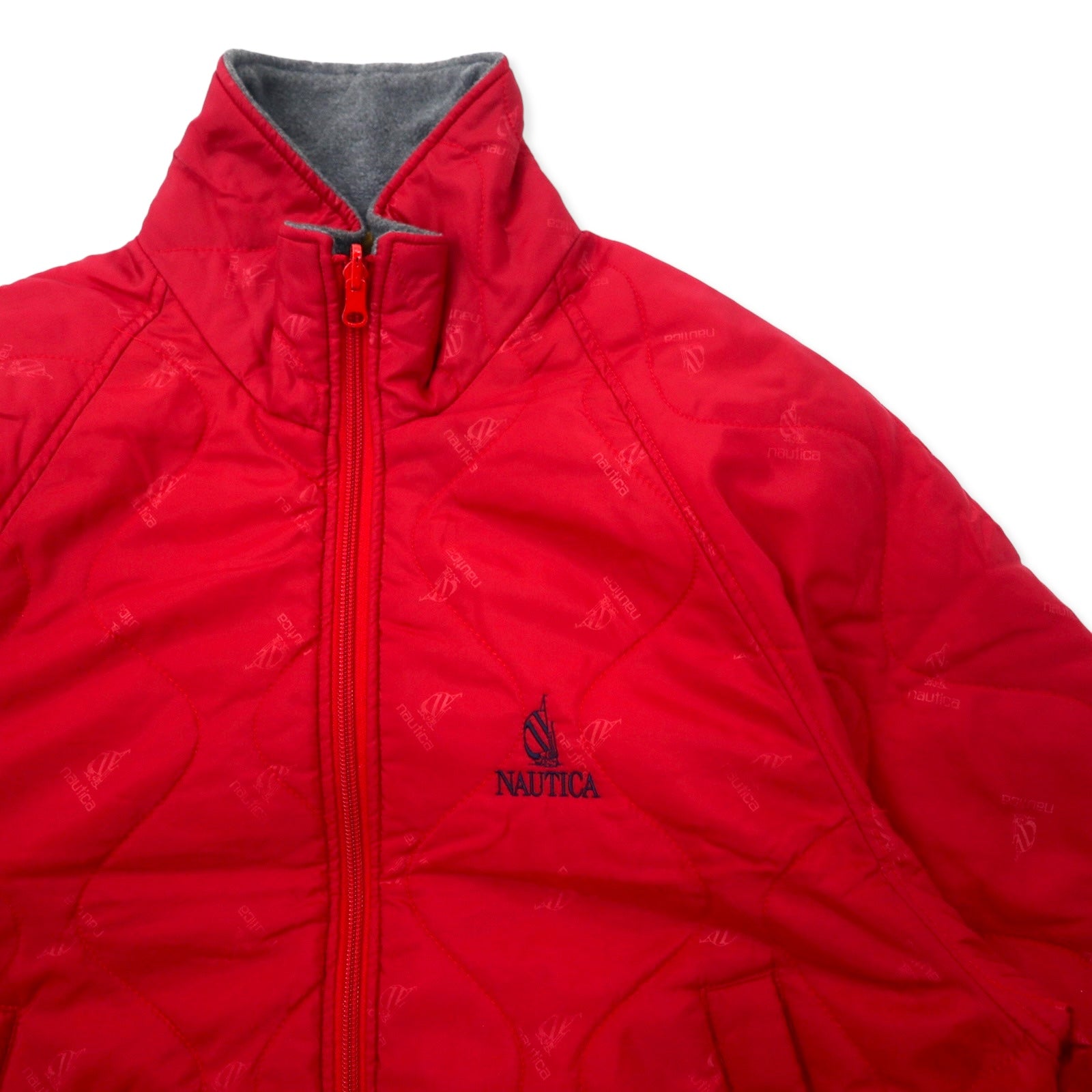 Giacca isolante nautica anni '90, taglia M, rossa, in nylon, imbottita, fantasia all-over con logo