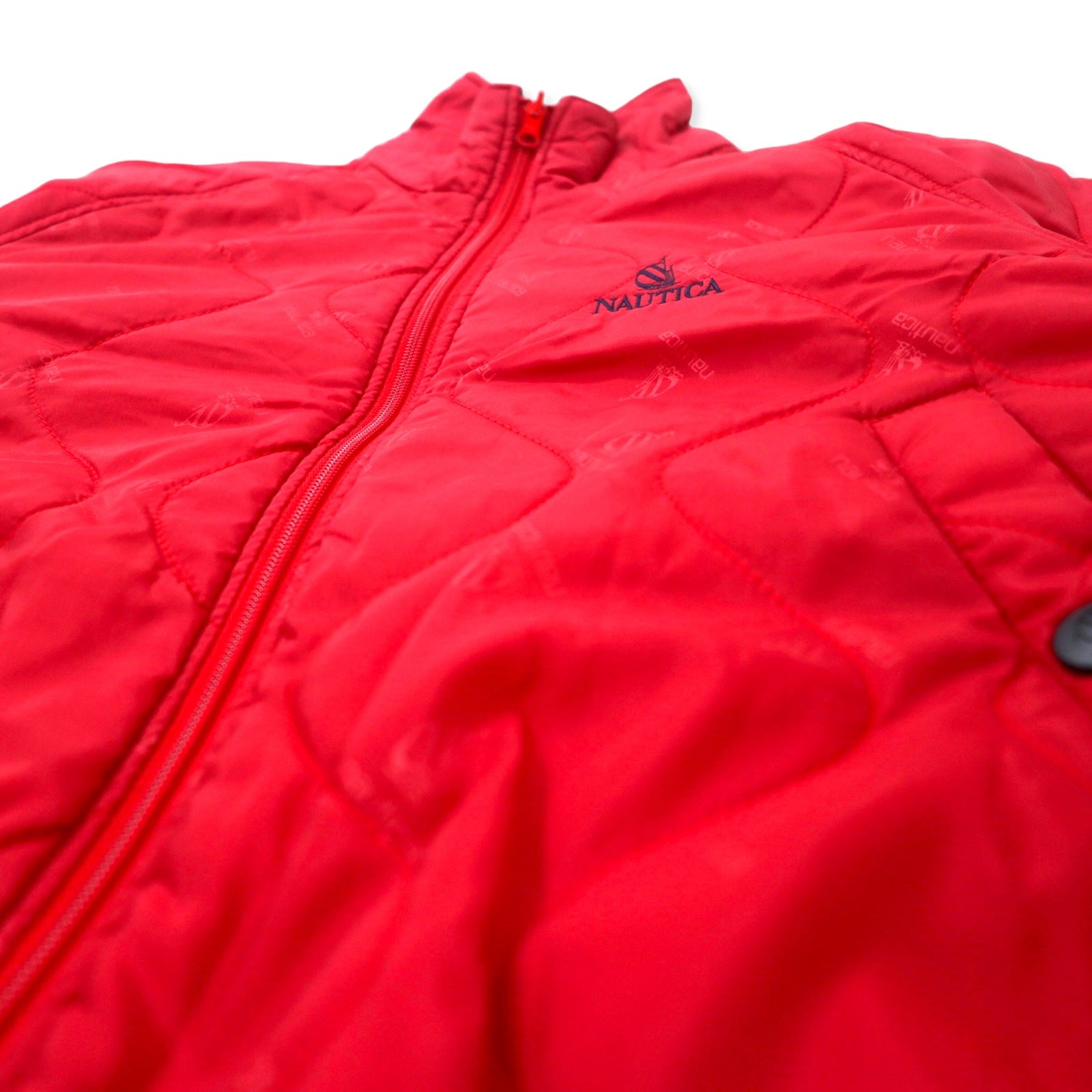 Giacca isolante nautica anni '90, taglia M, rossa, in nylon, imbottita, fantasia all-over con logo