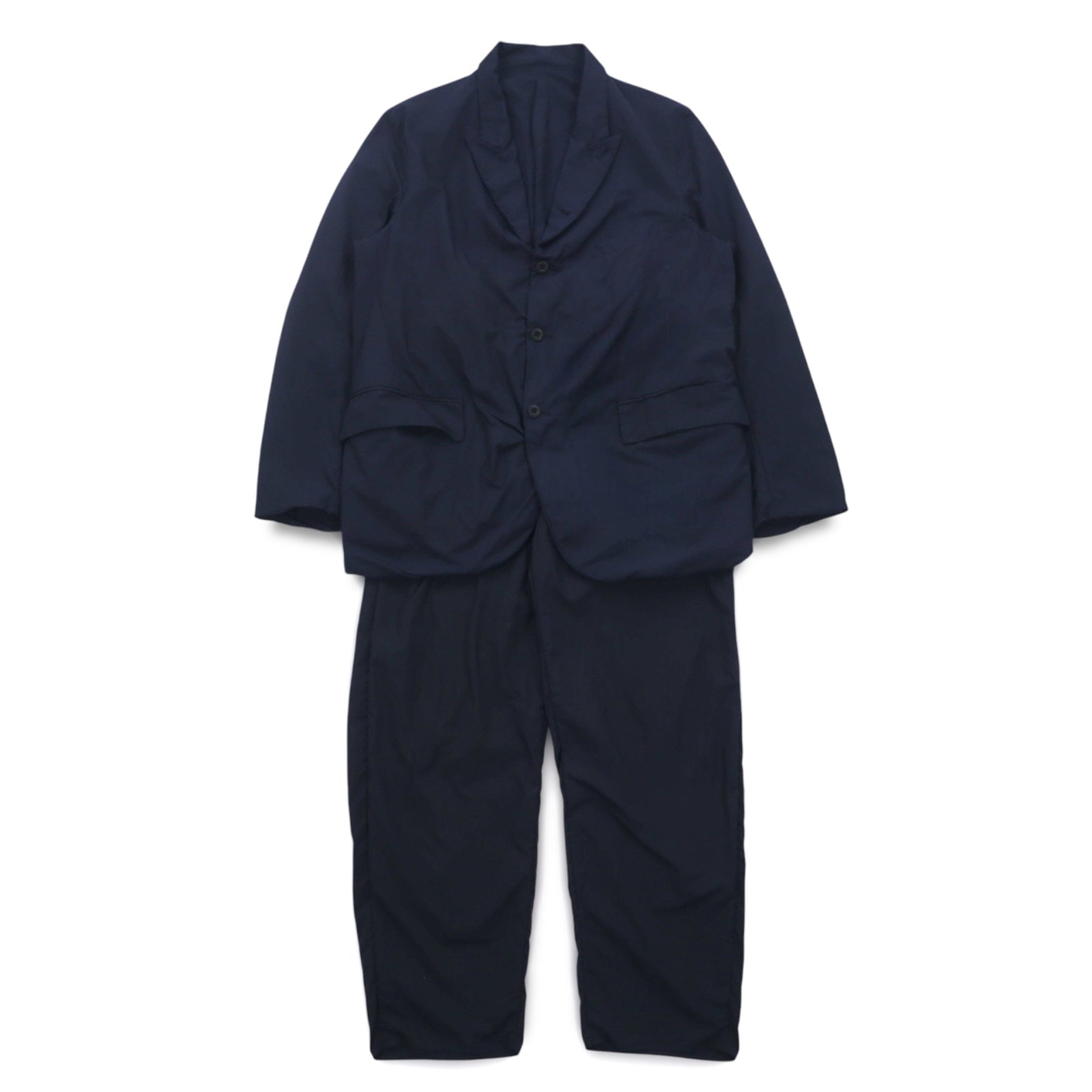 Completo TEATORA DEVICE JKT / WALLET PANTS taglia L, colore blu navy, in nylon PACKABLE, modelli TT-004-P / TT-203-P, Made in Japan.