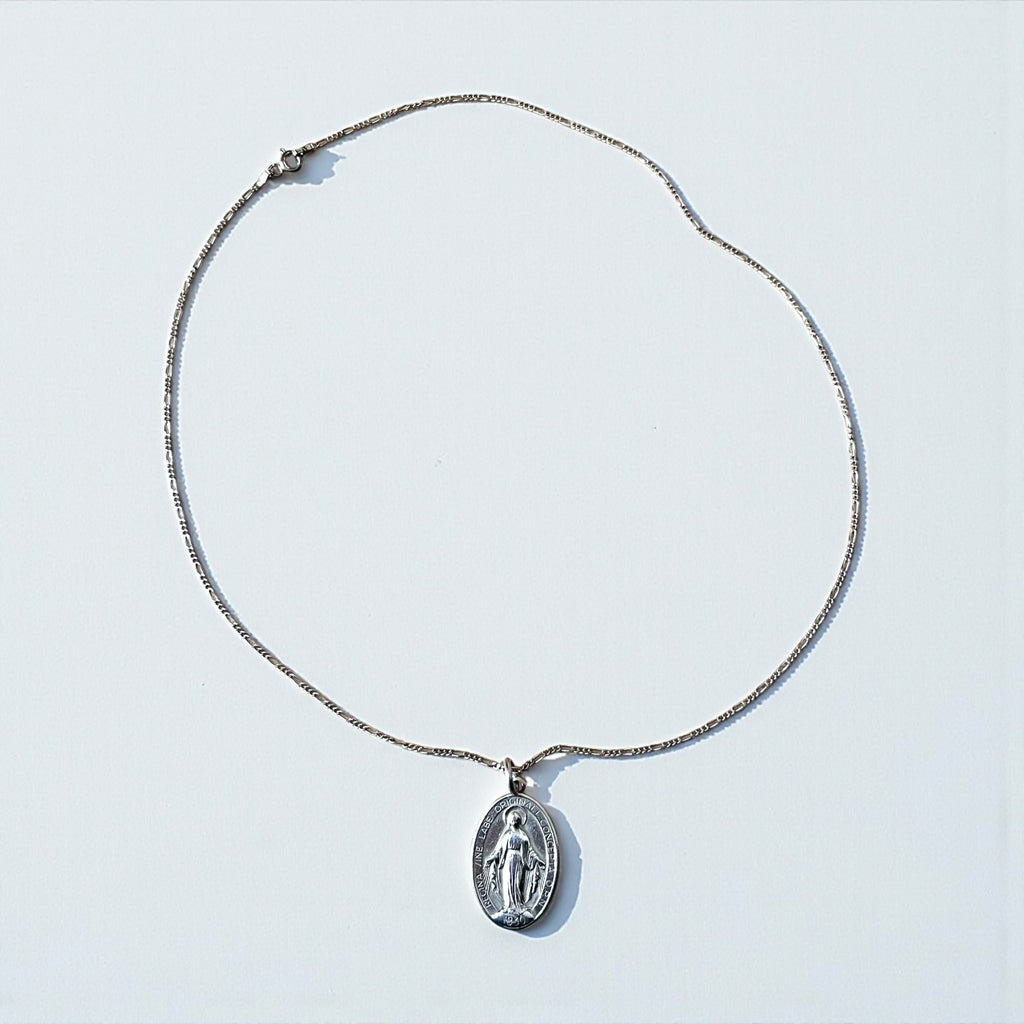 Italy Vintage Miraculous Medal Virgin Mary Necklace 聖母マリア オーバルコイン ネックレス シルバー 925 フィガロチェーン
