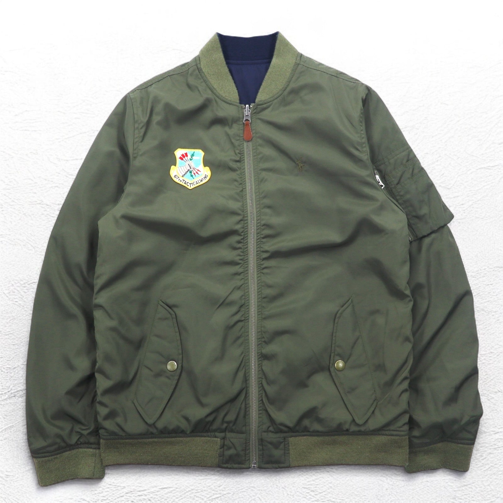 POLO RALPH LAUREN Giacca da volo MA-1 reversibile L cachi navy poliestere toppa piccola ricamo pony cerniera TALON