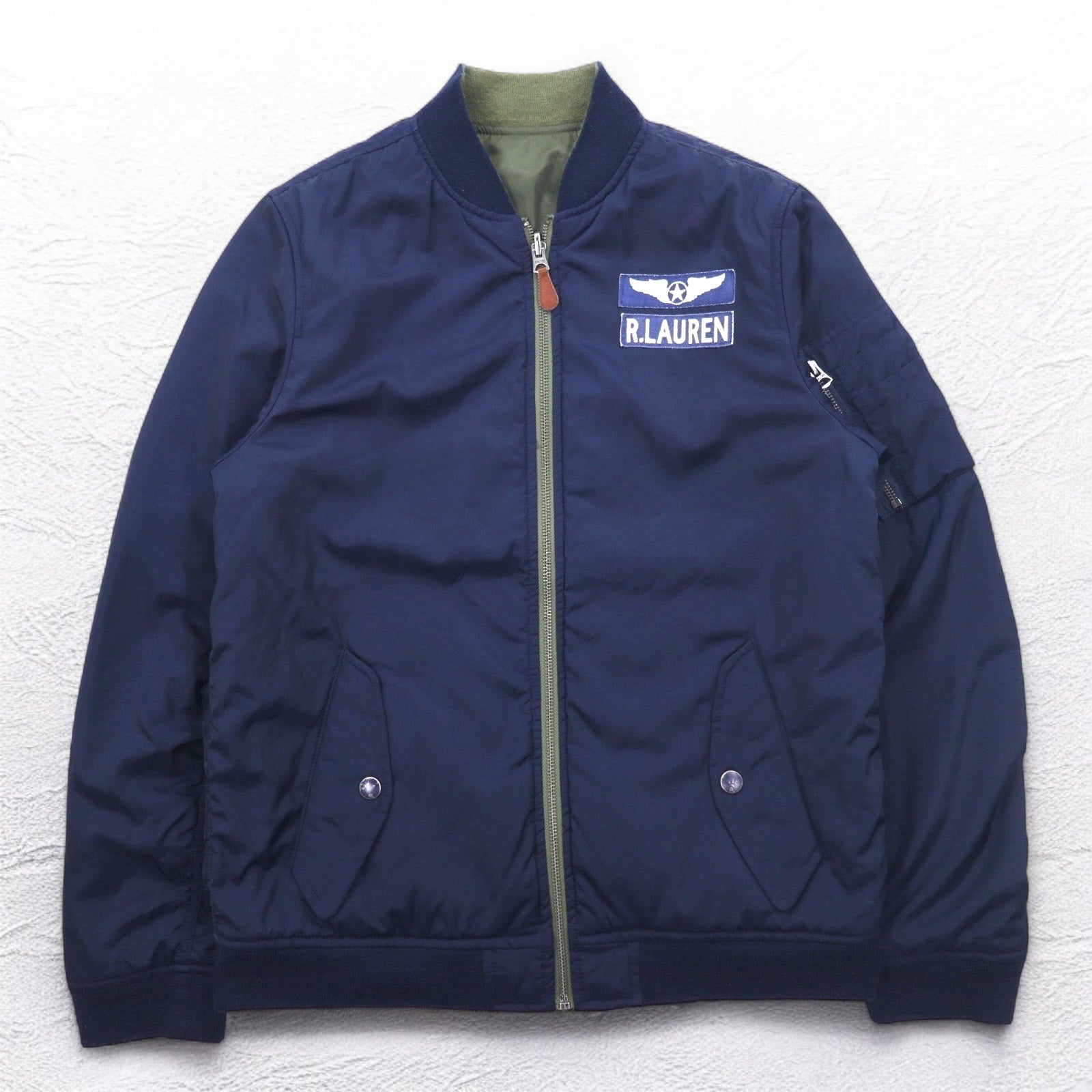 POLO RALPH LAUREN Giacca da volo MA-1 reversibile L cachi navy poliestere toppa piccola ricamo pony cerniera TALON