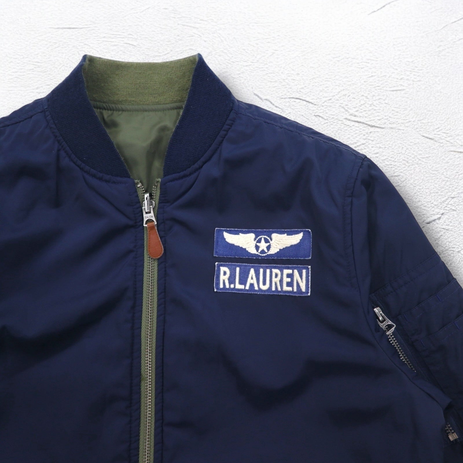 POLO RALPH LAUREN Giacca da volo MA-1 reversibile L cachi navy poliestere toppa piccola ricamo pony cerniera TALON