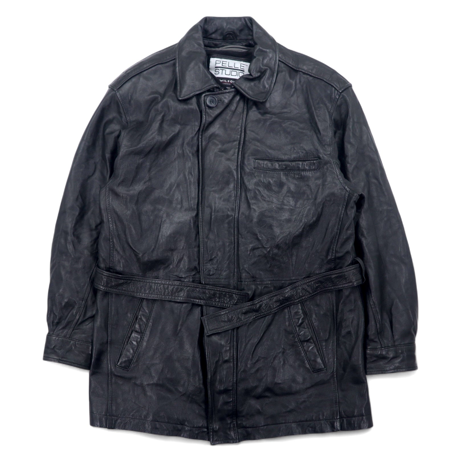 Anni '90 PELLE STUDIO (WILSONS) Thinsulate Cappotto in pelle imbottito Car Coat M Nero Pelle Fodera rimovibile