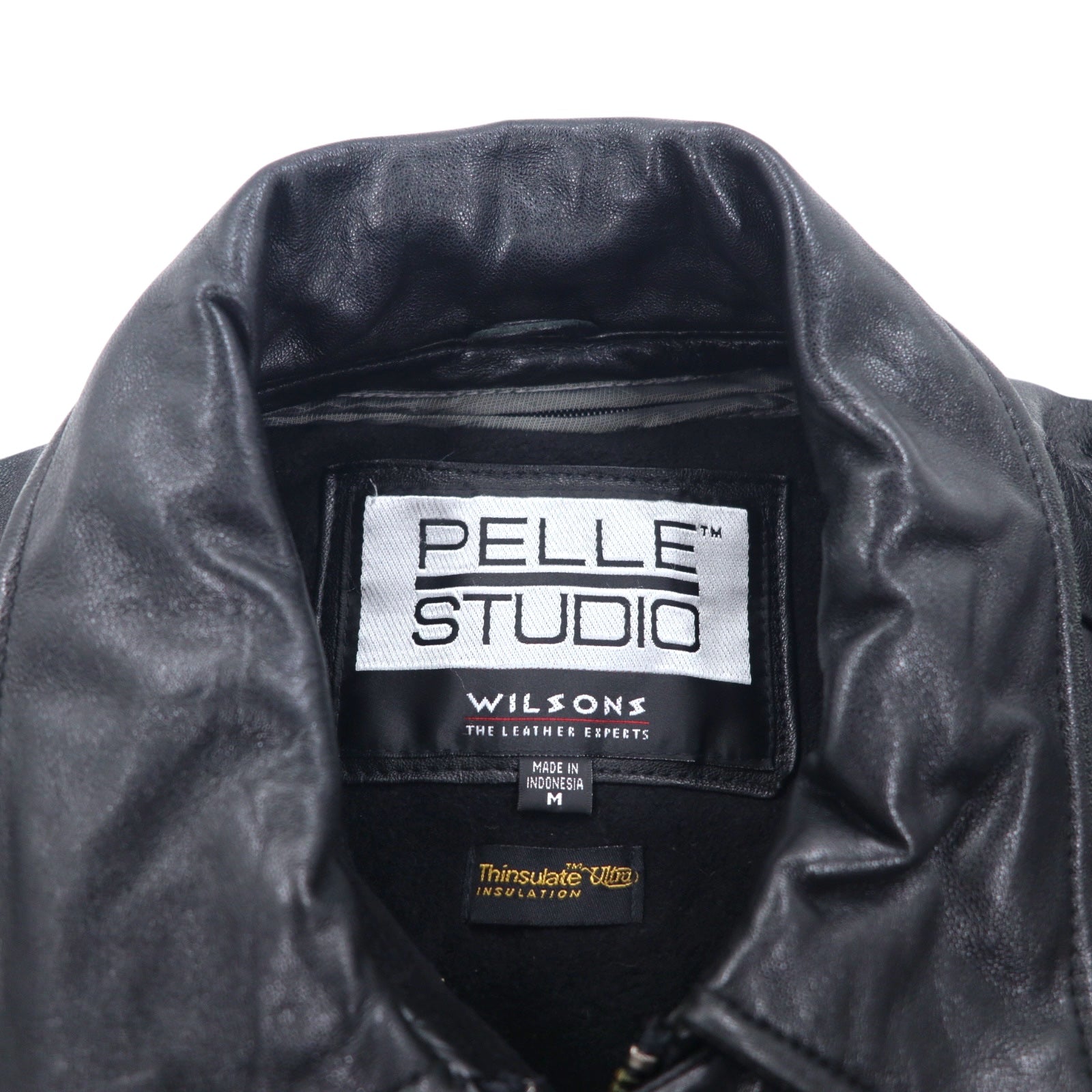 Anni '90 PELLE STUDIO (WILSONS) Thinsulate Cappotto in pelle imbottito Car Coat M Nero Pelle Fodera rimovibile