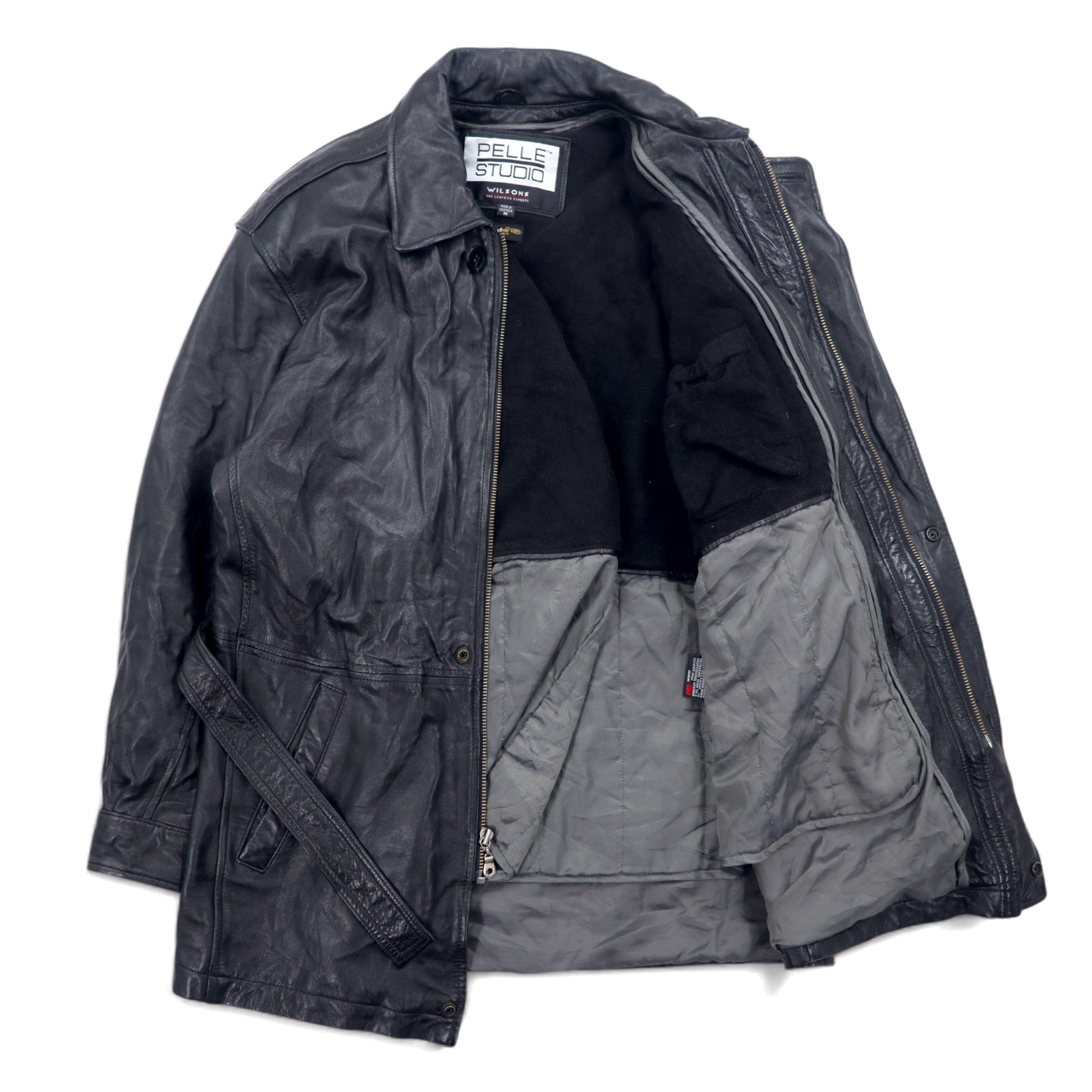 Anni '90 PELLE STUDIO (WILSONS) Thinsulate Cappotto in pelle imbottito Car Coat M Nero Pelle Fodera rimovibile