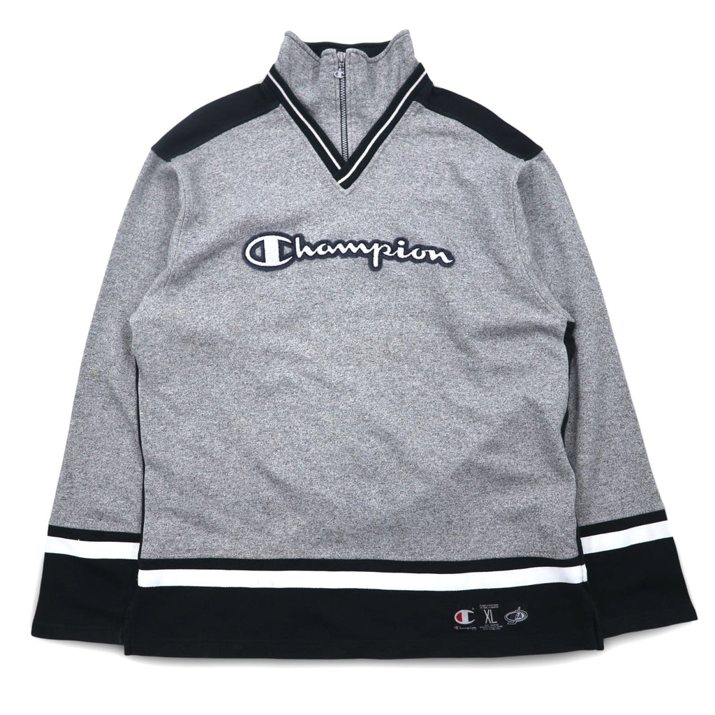 Champion USA anni '90, maglia a girocollo con mezza zip, prodotta in Italia, oversize (XL), colore grigio, in cotone, logo script ricamato, toppa.