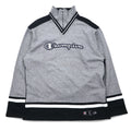 Champion USA anni '90, maglia a girocollo con mezza zip, prodotta in Italia, oversize (XL), colore grigio, in cotone, logo script ricamato, toppa.