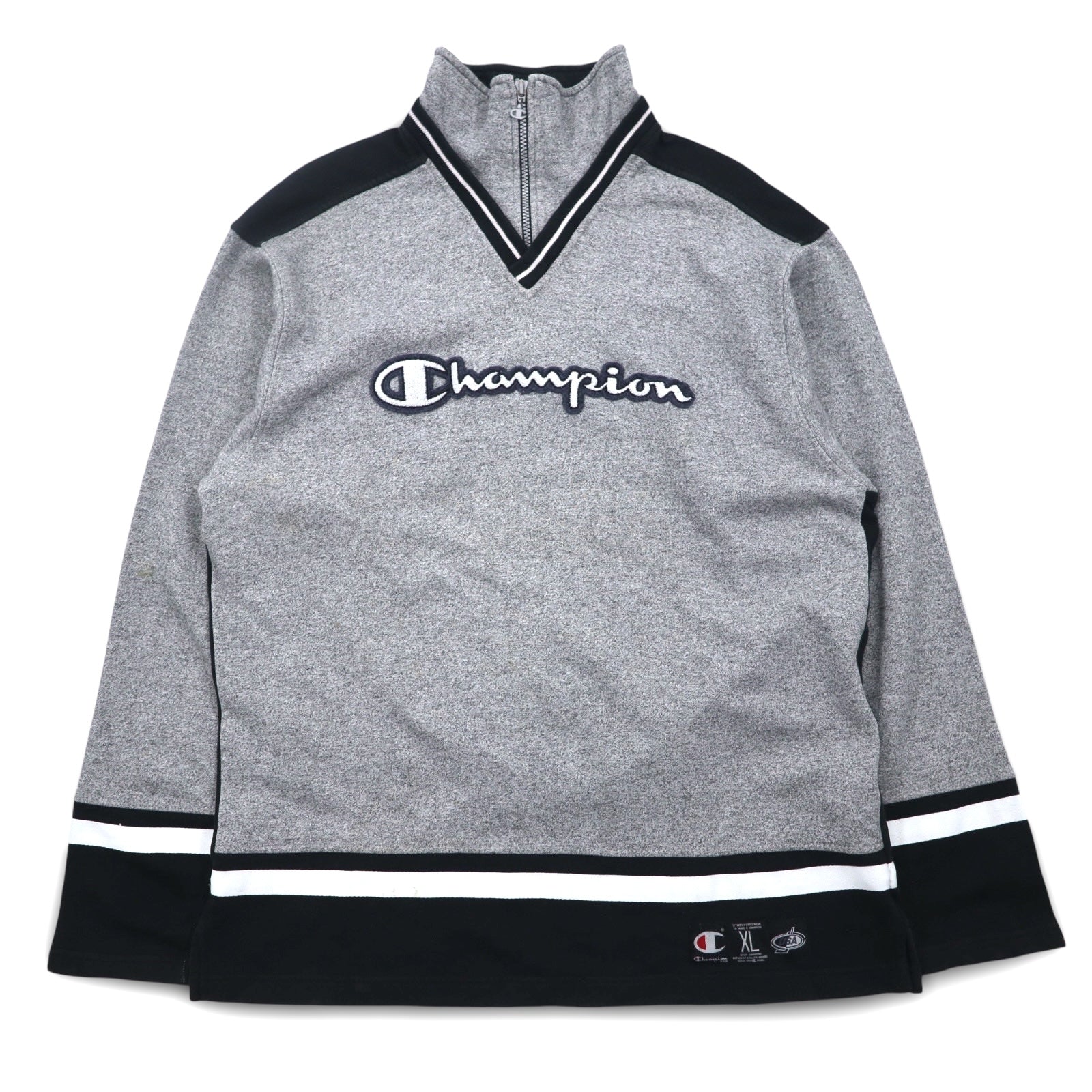 Champion USA anni '90, maglia a girocollo con mezza zip, prodotta in Italia, oversize (XL), colore grigio, in cotone, logo script ricamato, toppa.