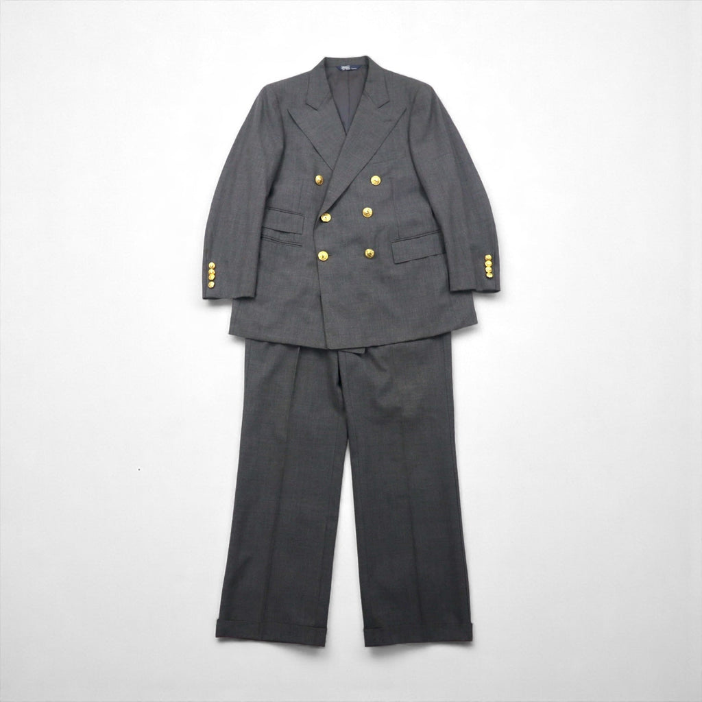 Polo Ralph Lauren 80年代 日本製 ピークドラペル ダブルブレスト セットアップ スーツ M グレー 金ボタン
