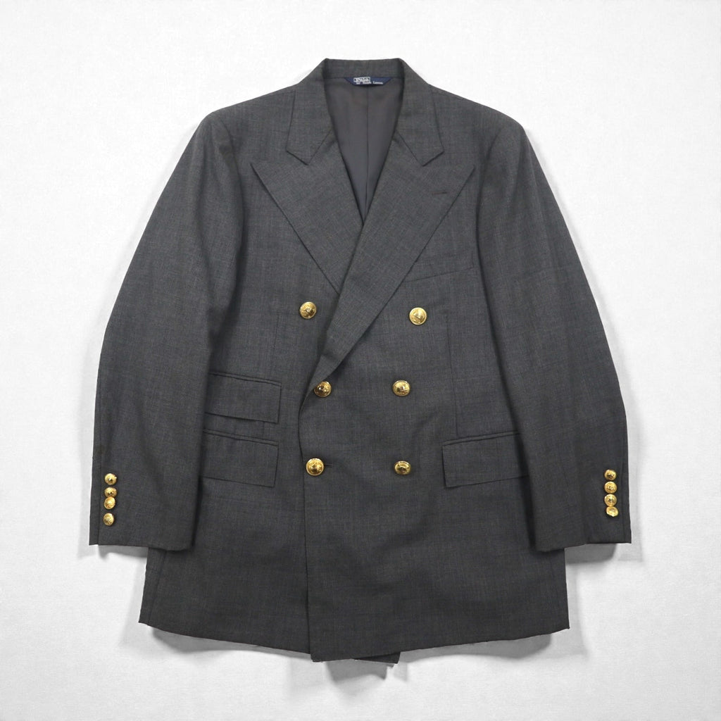 Polo Ralph Lauren 80年代 日本製 ピークドラペル ダブルブレスト セットアップ スーツ M グレー 金ボタン