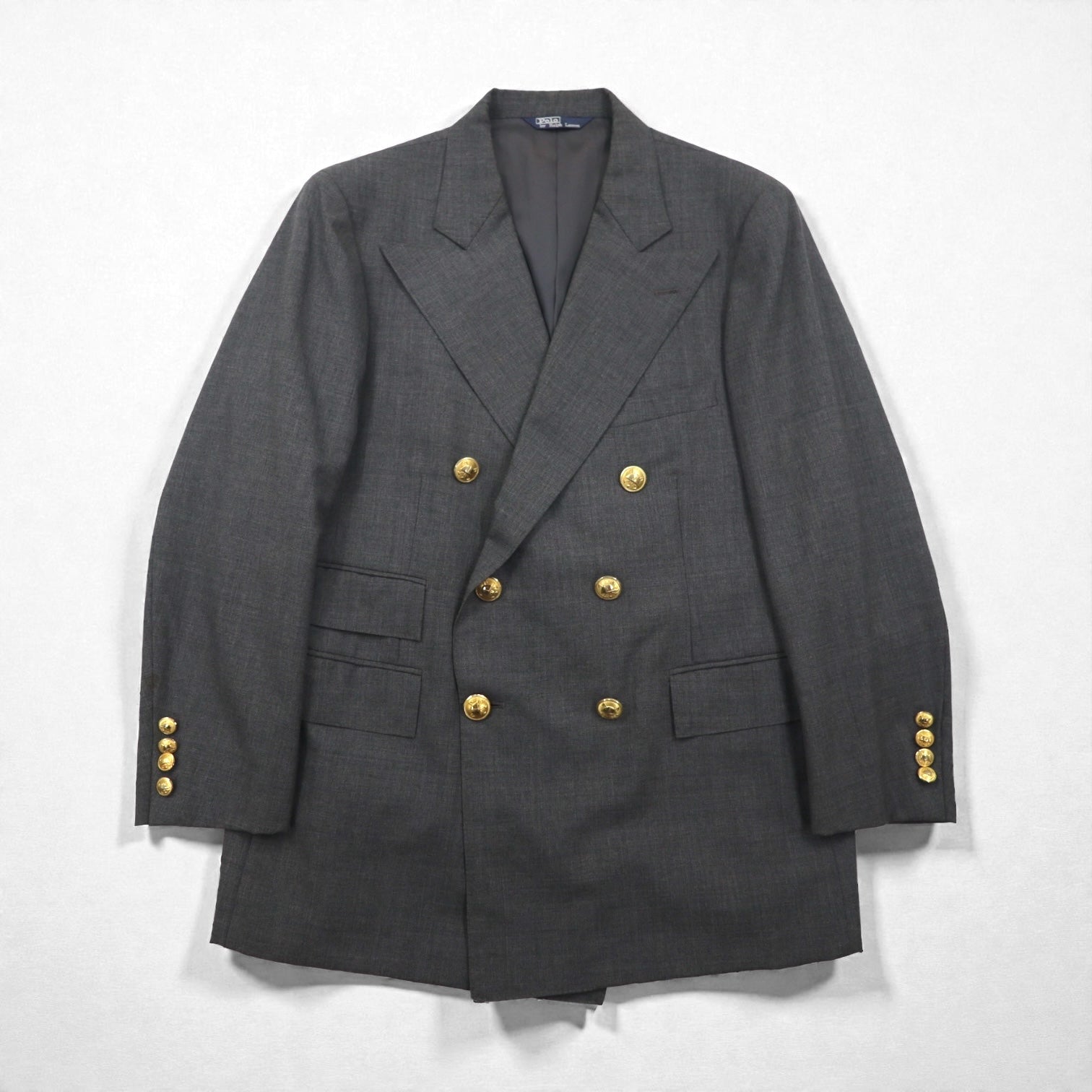 Polo Ralph Lauren 80年代 日本製 ピークドラペル ダブルブレスト セットアップ スーツ M グレー 金ボタン